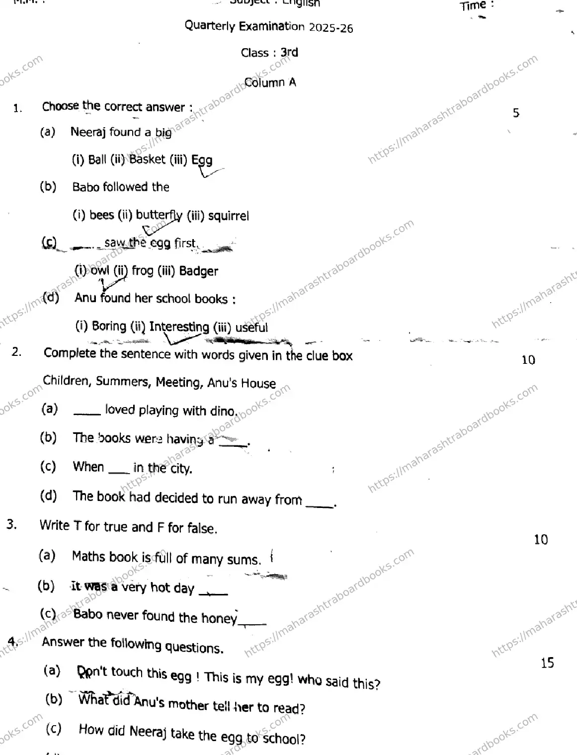 Maharashtra Board Solution CLASS-3 QUARTERLY ENGLISH 281025 QUARTERLY ENGLISH 281025 2026 Image 1