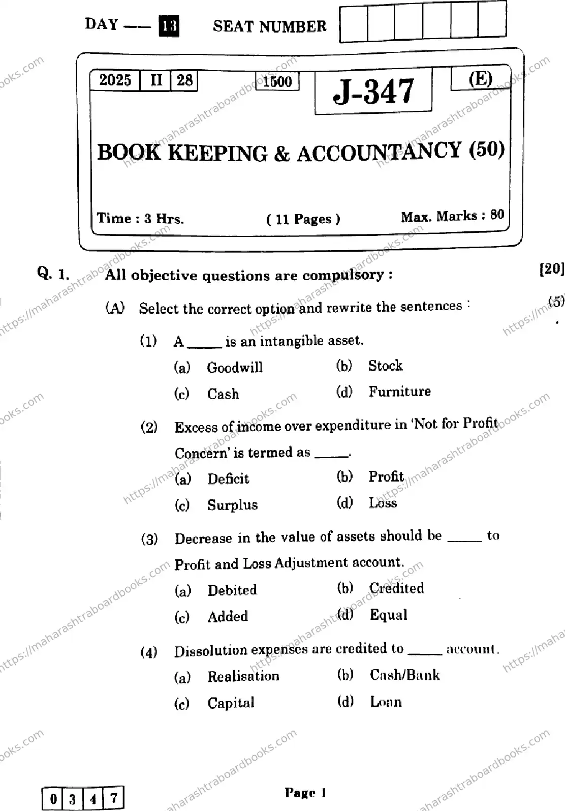 Maharashtra Board Solution HSC Book Keeping and Accountancy  J-347 2025 Image 1
