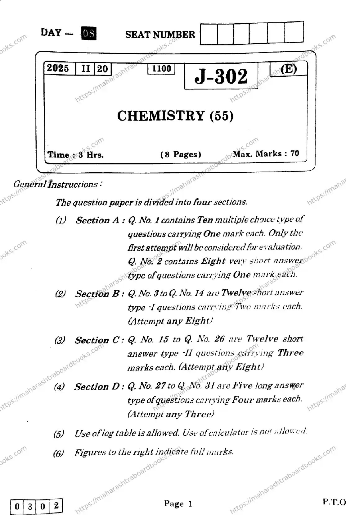Maharashtra Board Solution HSC Chemistry J-302 2025 Image 1