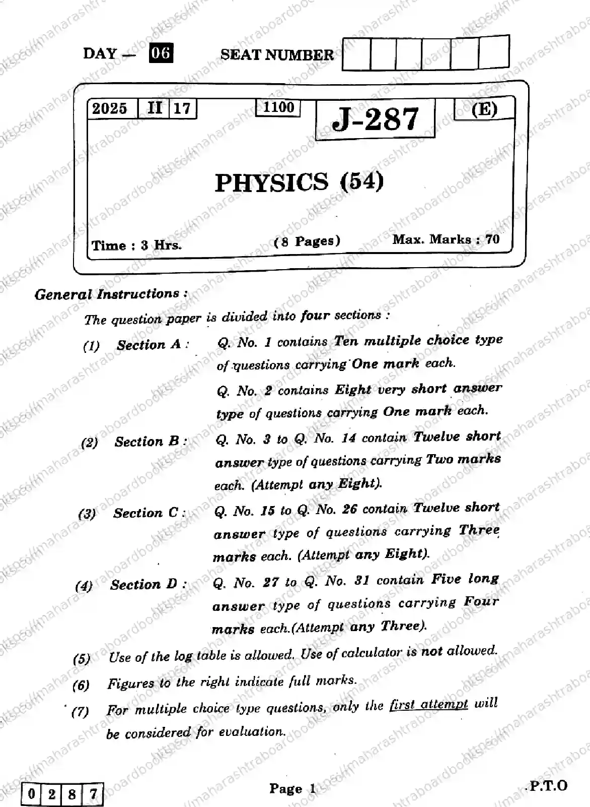 Maharashtra Board Solution HSC Physics J-287 2025 Image 1