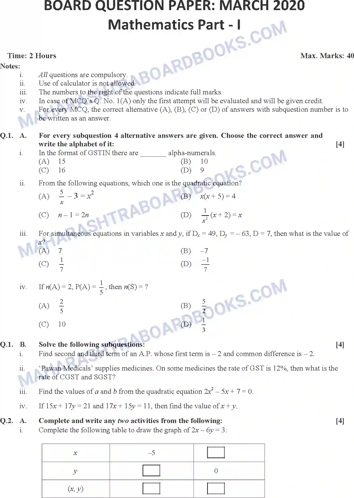 Maharashtra Board Solution SSC Mathematics Paper-A 2020 Image 1