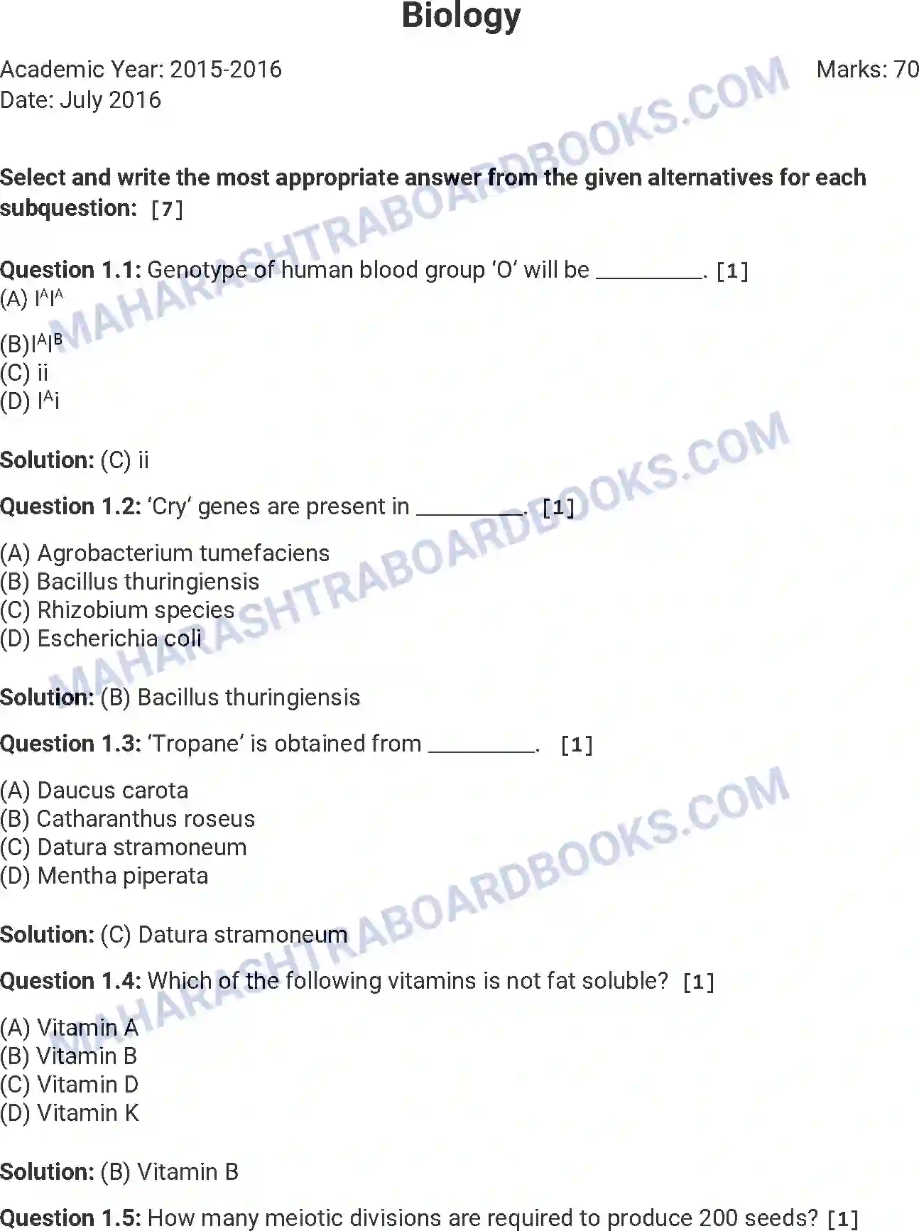 Maharashtra Board Solution HSC Biology Paper-B 2016 Image 1