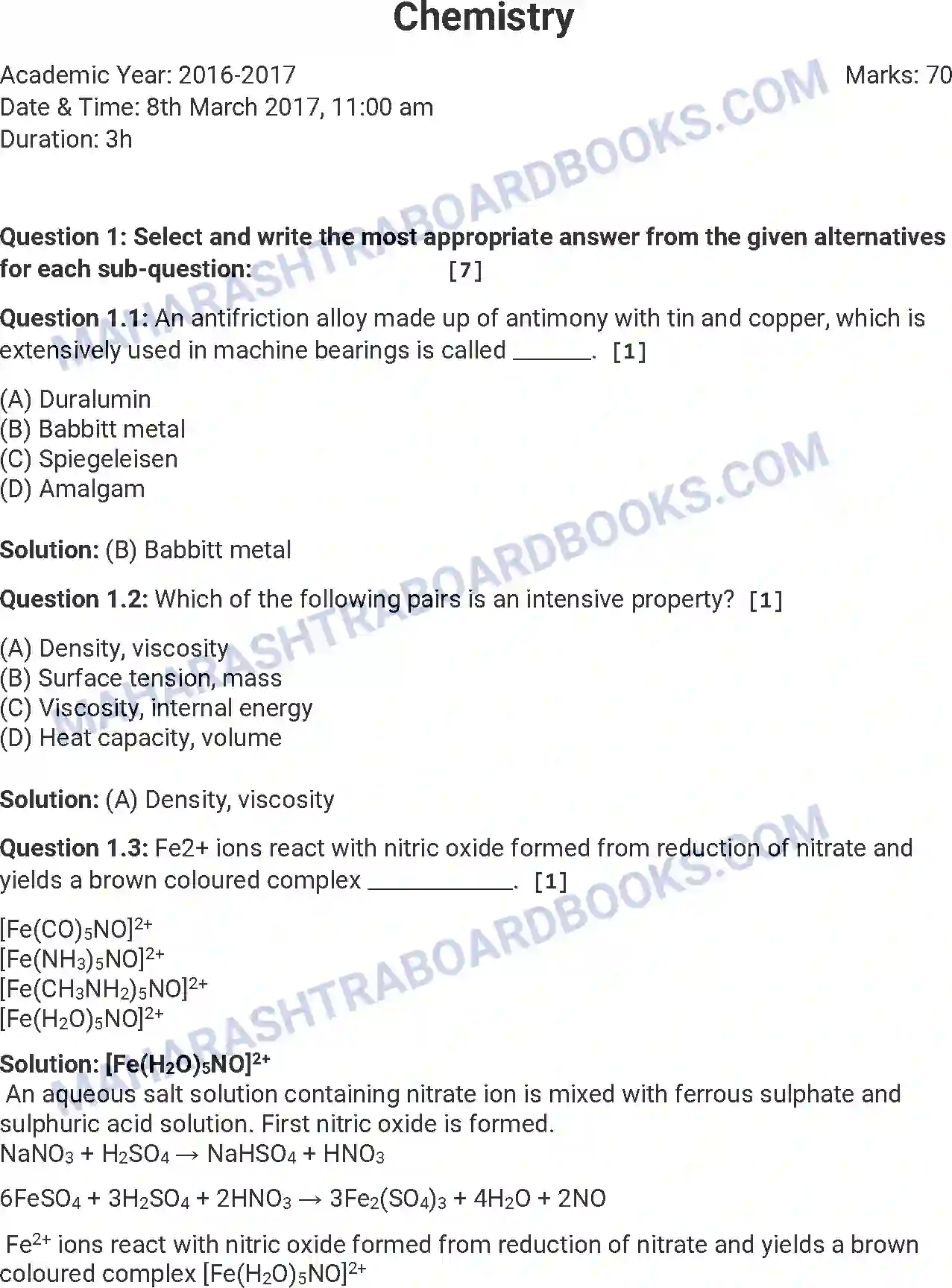 Maharashtra Board Solution HSC Chemistry Paper-A 2017 Image 1