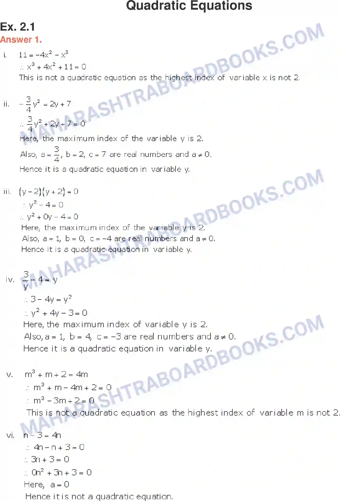 Maharashtra Board Solution class-10 Algebra+-+English+Medium Quadratic Equations Image 1