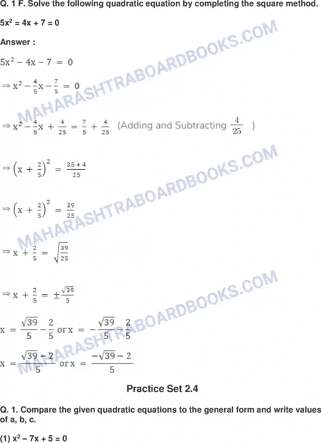 Maharashtra Board Solution Class-10 Mathematics+Part-I+-+English+Medium Quadratic Equations Image 18