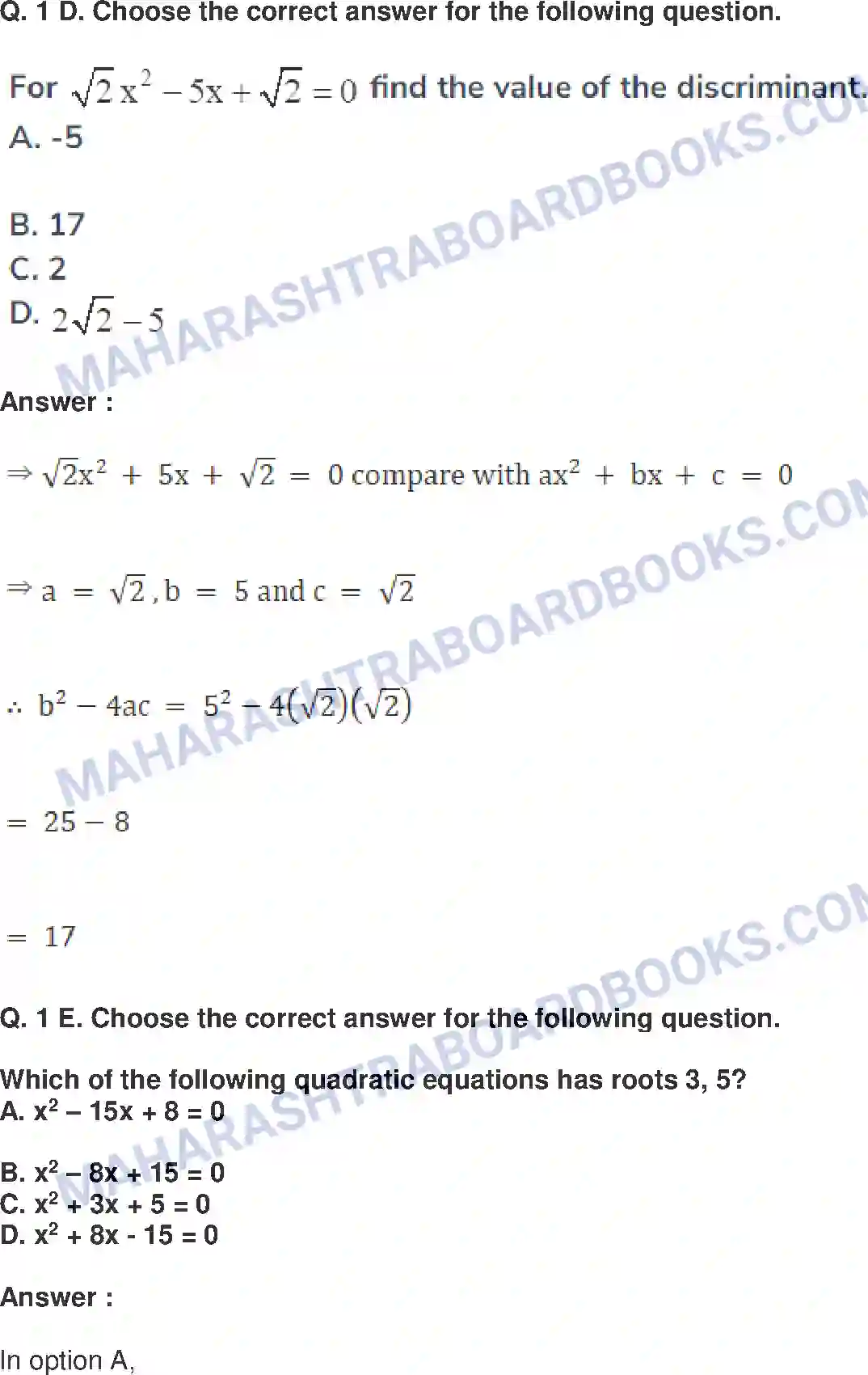 Maharashtra Board Solution Class-10 Mathematics+Part-I+-+English+Medium Quadratic Equations Image 44