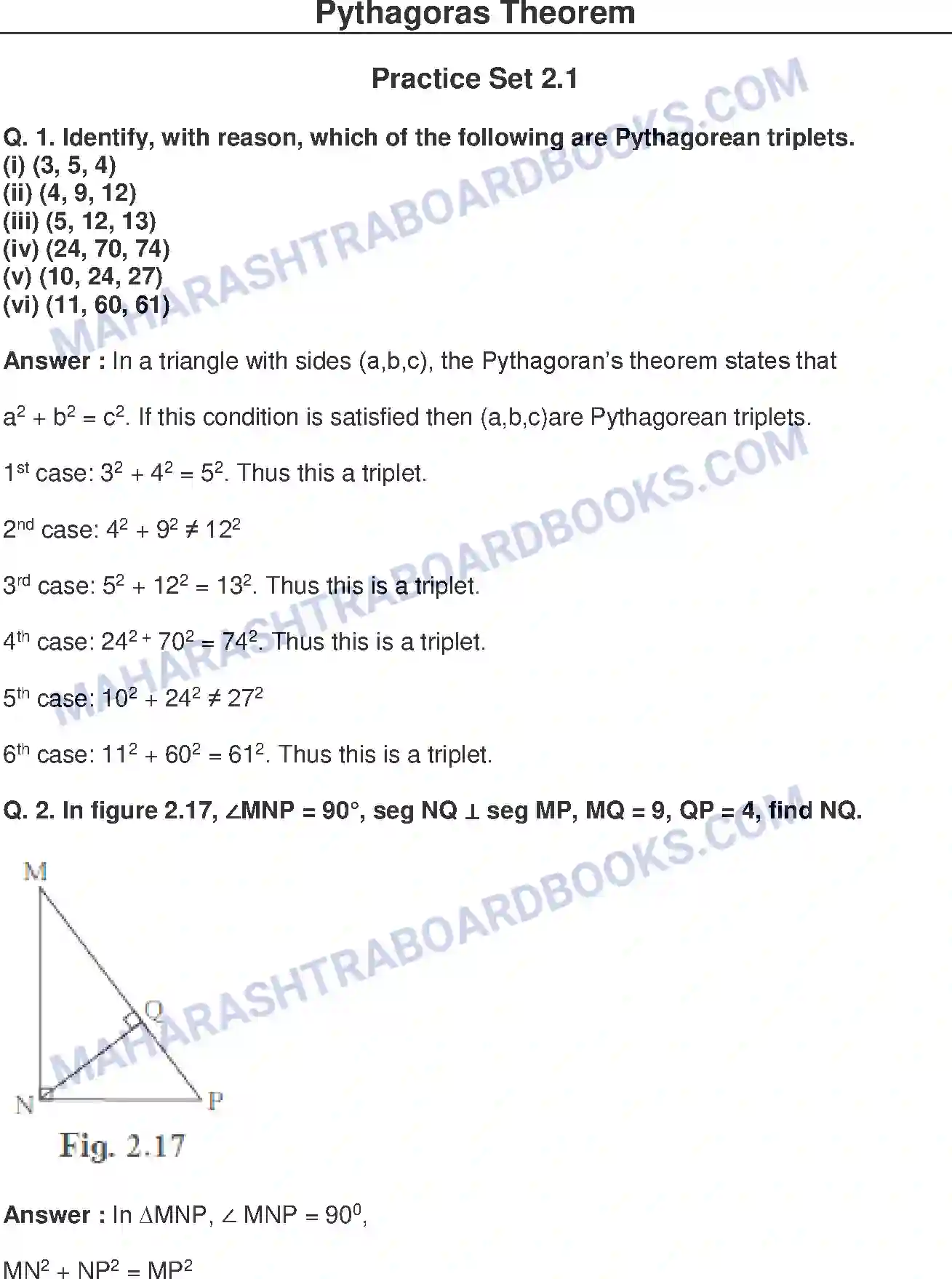 Maharashtra Board Solution Class-10 Mathematics+Part-II+-+English+Medium Pythagoras Theorem Image 1