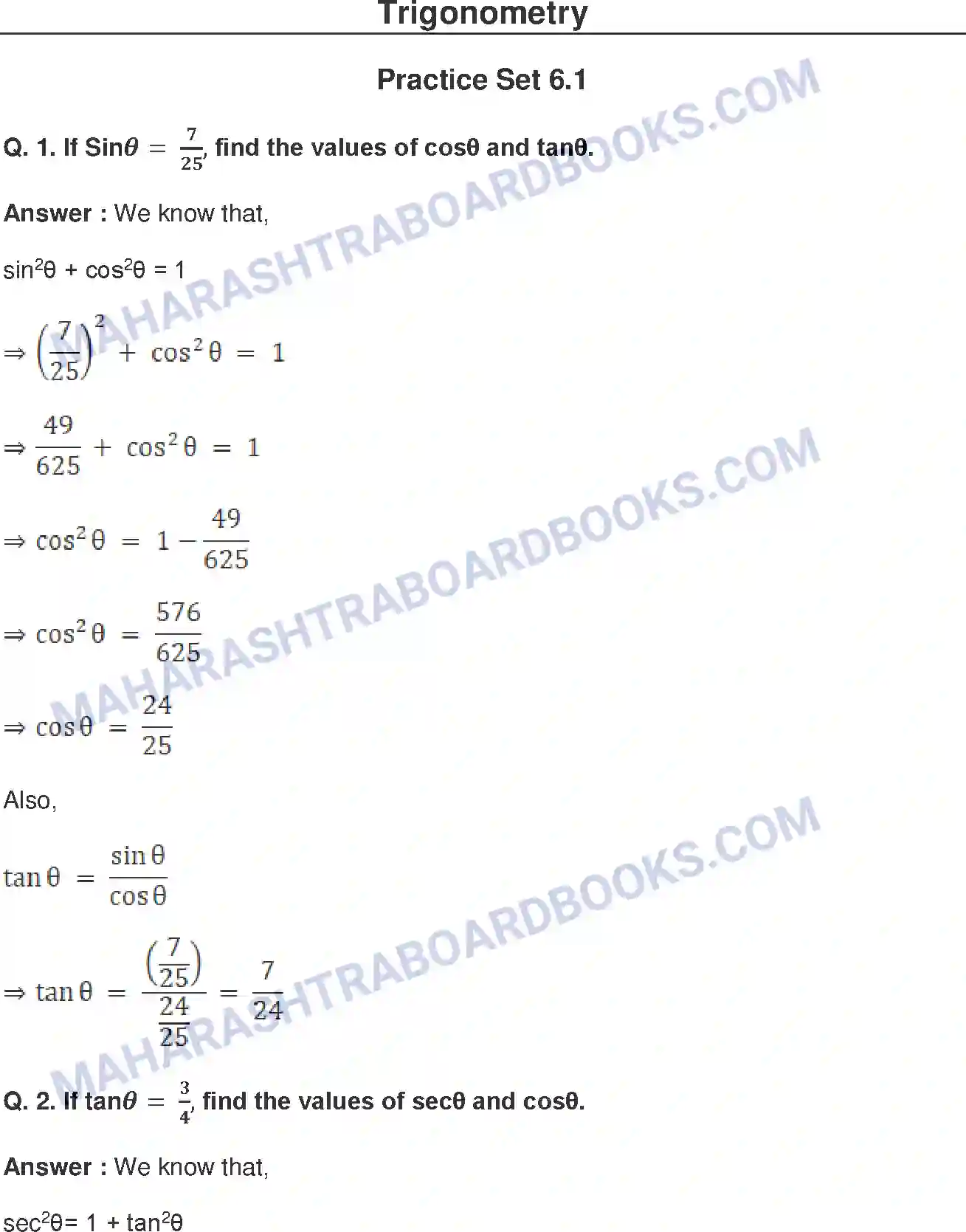 Maharashtra Board Solution class-10 Mathematics+Part-II+-+English+Medium Trigonometry Image 1