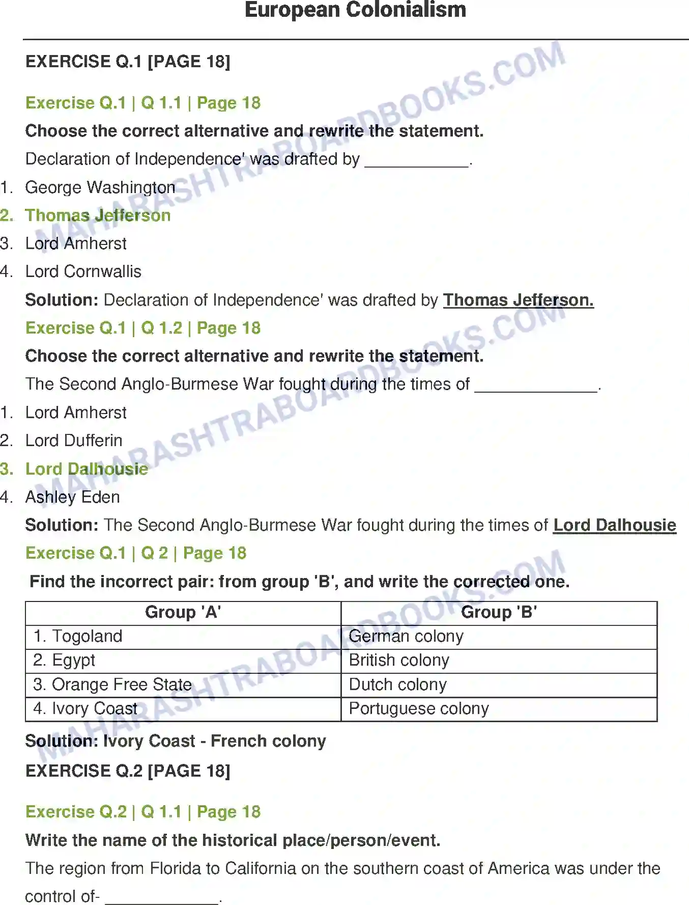 Maharashtra Board Solution class-12 History European Colonialism Image 1