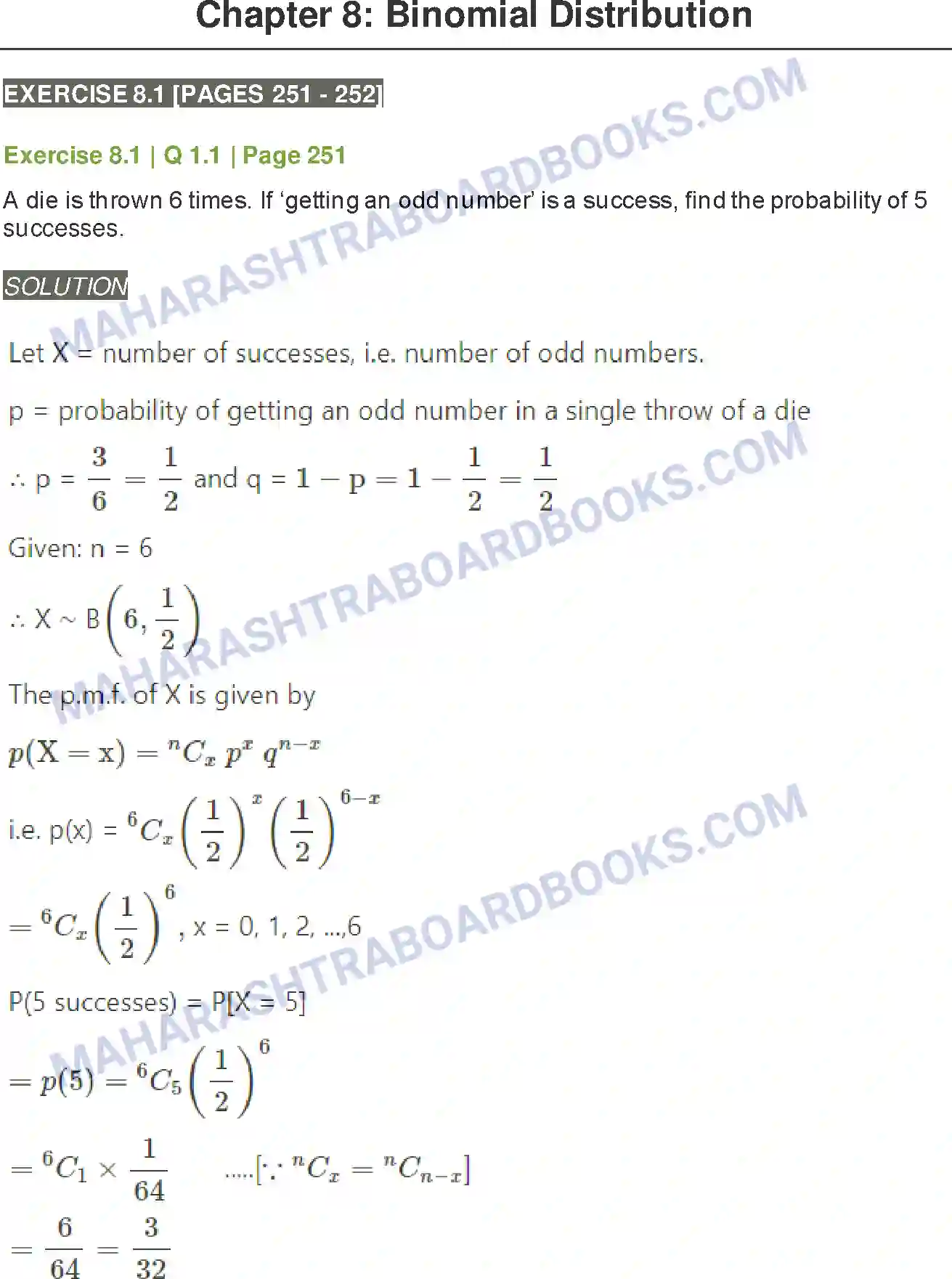 Maharashtra Board Solution Class-12 Mathematics+&+Statistics-2+(Arts+&+Science) Binomial Distribution Image 1