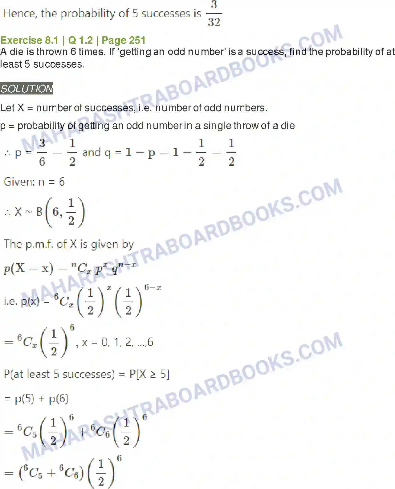 Maharashtra Board Solution Class-12 Mathematics+&+Statistics-2+(Arts+&+Science) Binomial Distribution Image 2