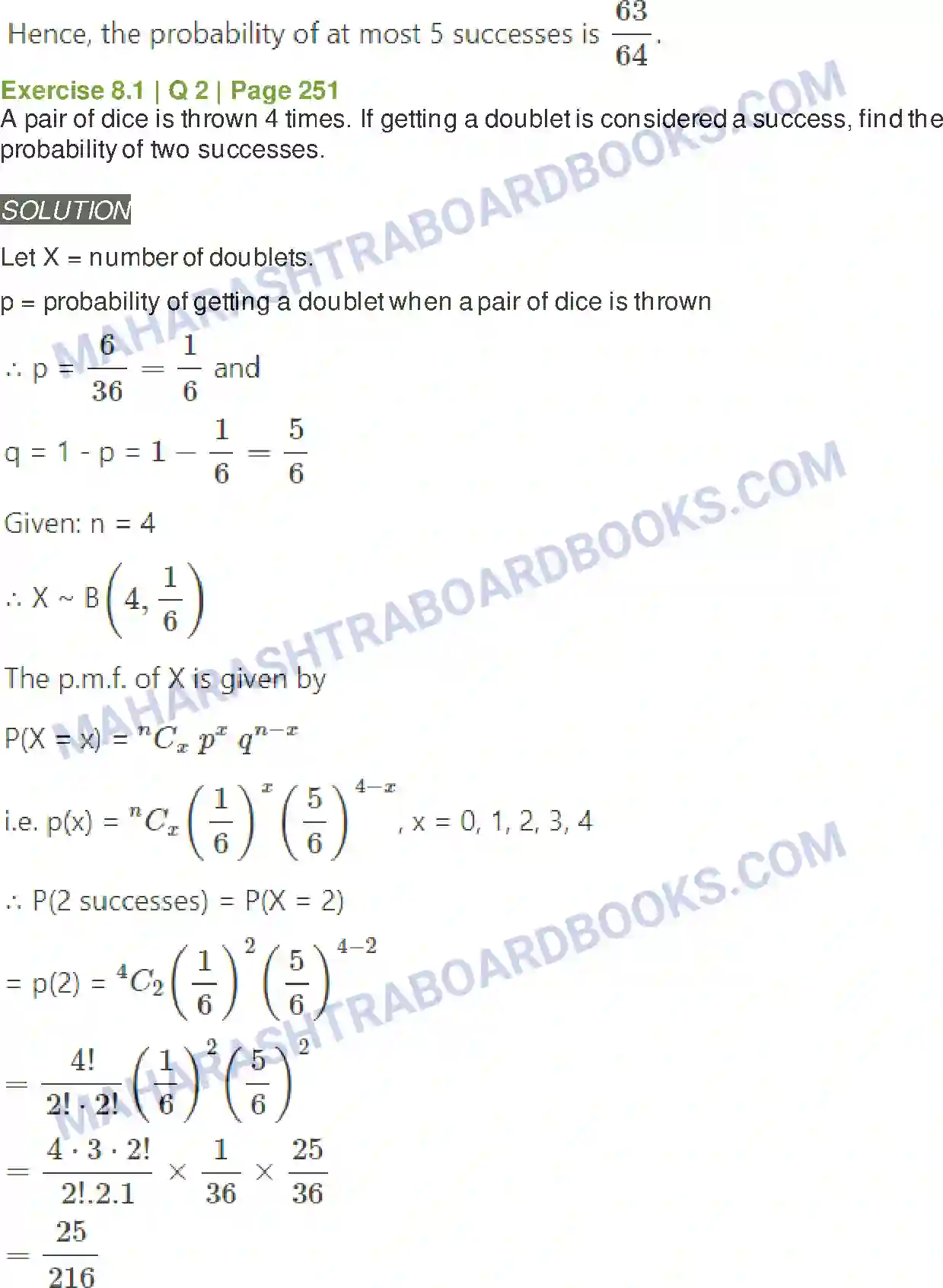 Maharashtra Board Solution Class-12 Mathematics+&+Statistics-2+(Arts+&+Science) Binomial Distribution Image 4