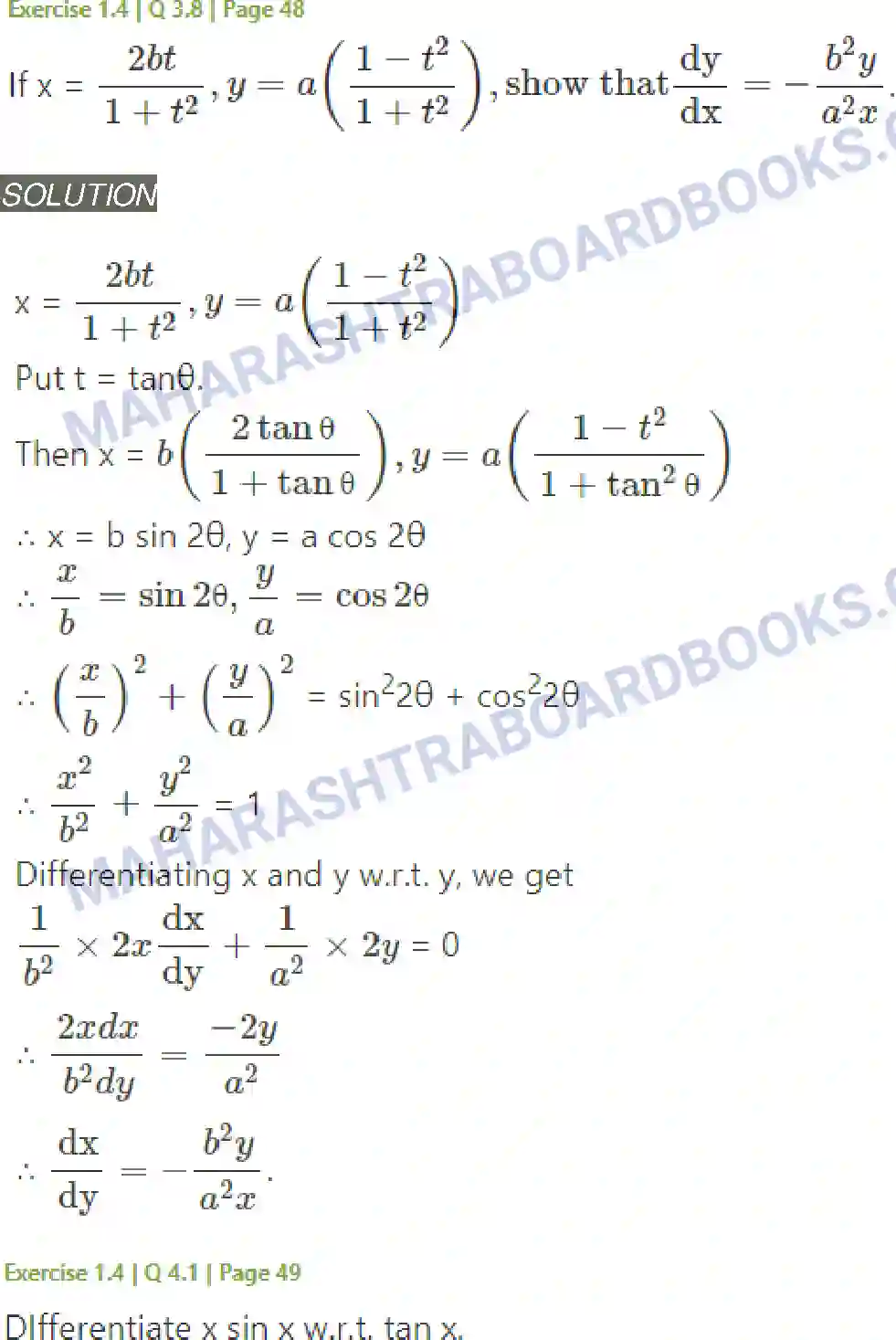 Maharashtra Board Solution Class-12 Mathematics+&+Statistics-2+(Arts+&+Science) Differentiation Image 182