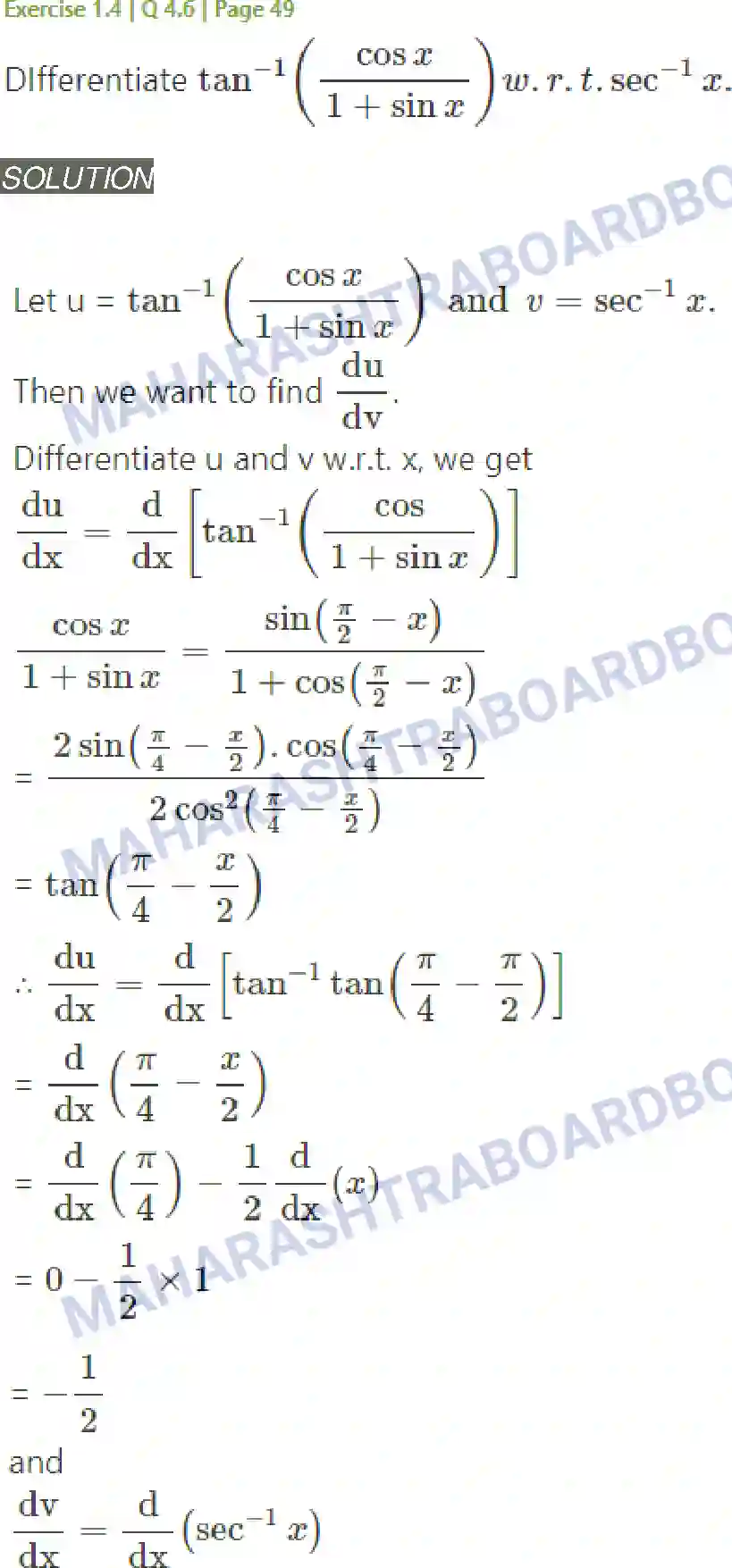 Maharashtra Board Solution Class-12 Mathematics+&+Statistics-2+(Arts+&+Science) Differentiation Image 190