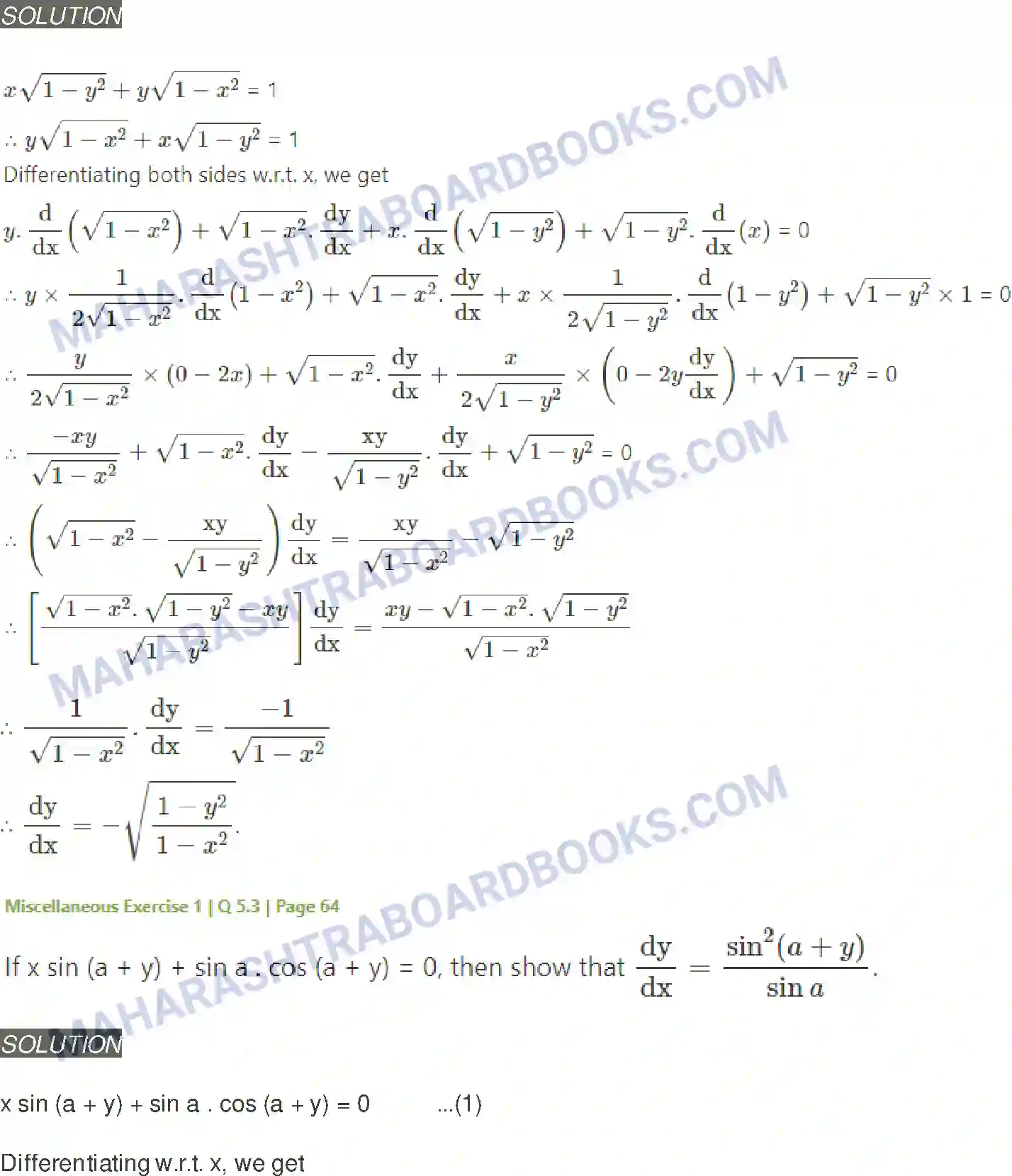 Maharashtra Board Solution Class-12 Mathematics+&+Statistics-2+(Arts+&+Science) Differentiation Image 267