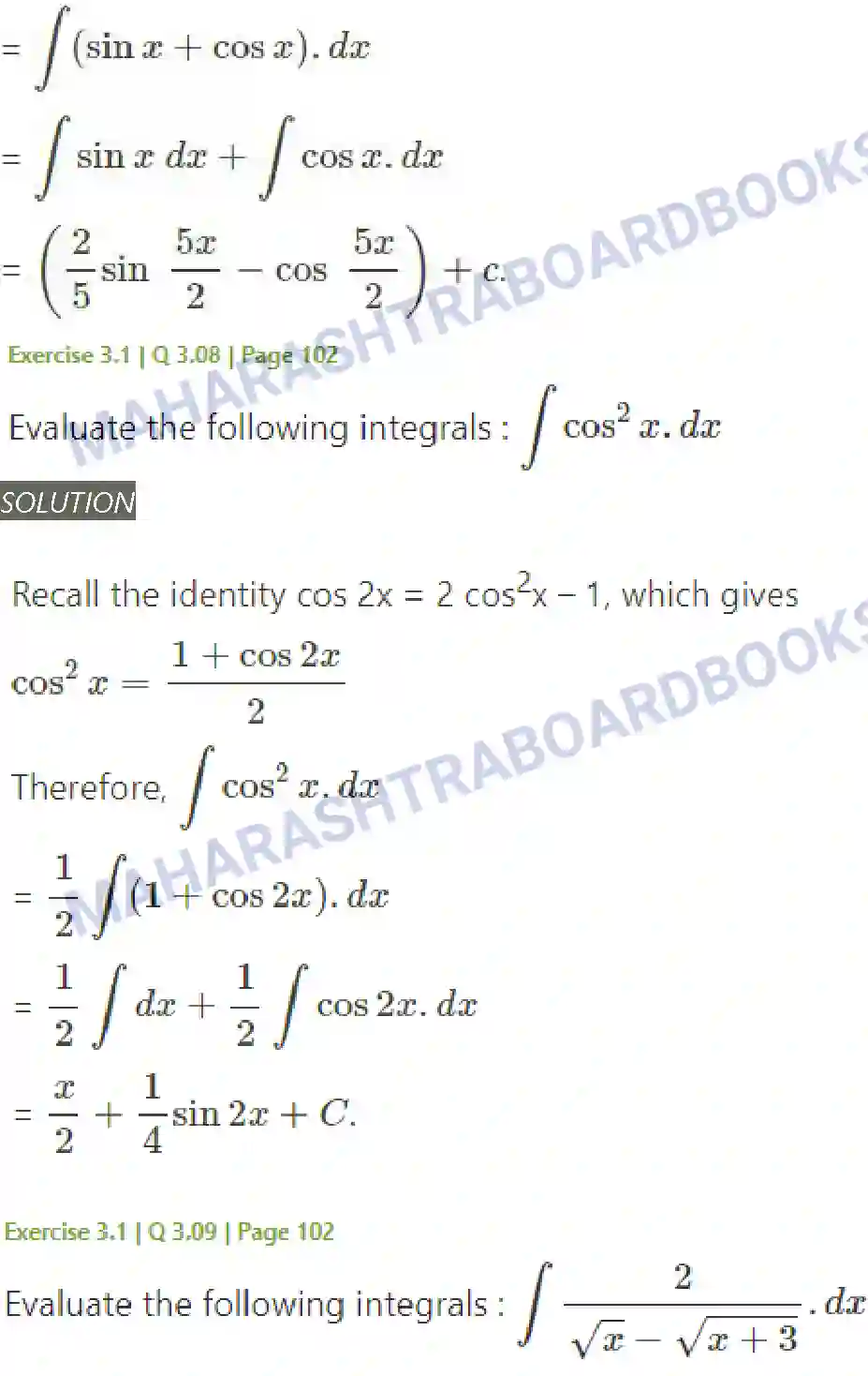 Maharashtra Board Solution Class-12 Mathematics+&+Statistics-2+(Arts+&+Science) Indefinite Integration Image 13