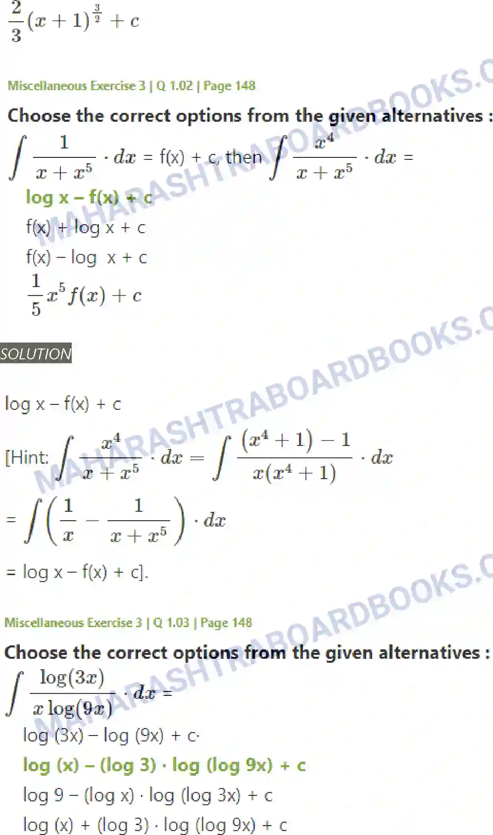 Maharashtra Board Solution Class-12 Mathematics+&+Statistics-2+(Arts+&+Science) Indefinite Integration Image 163