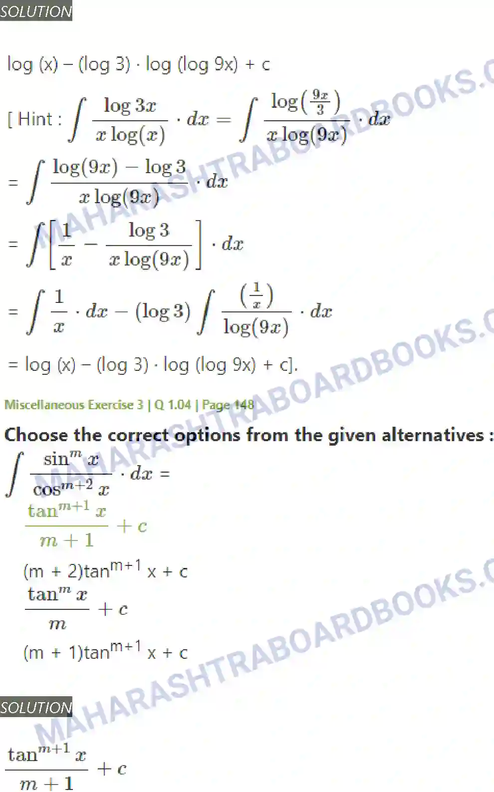 Maharashtra Board Solution Class-12 Mathematics+&+Statistics-2+(Arts+&+Science) Indefinite Integration Image 164