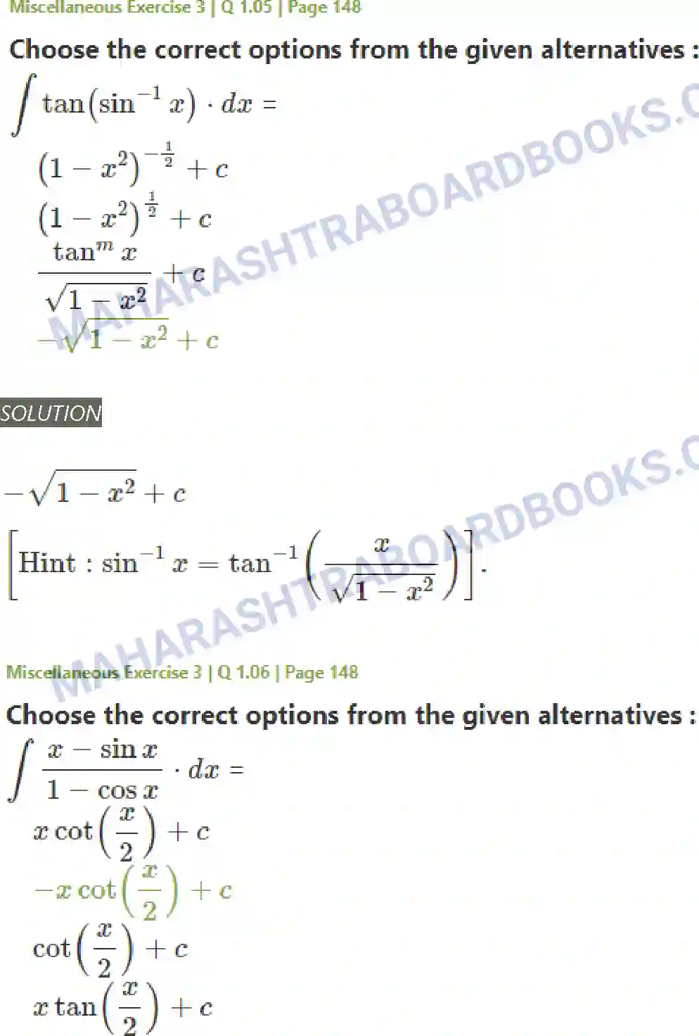 Maharashtra Board Solution Class-12 Mathematics+&+Statistics-2+(Arts+&+Science) Indefinite Integration Image 165