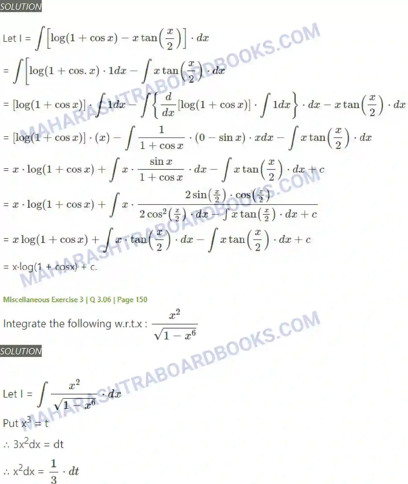 Maharashtra Board Solution Class-12 Mathematics+&+Statistics-2+(Arts+&+Science) Indefinite Integration Image 186