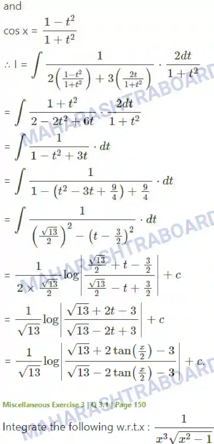 Maharashtra Board Solution Class-12 Mathematics+&+Statistics-2+(Arts+&+Science) Indefinite Integration Image 191