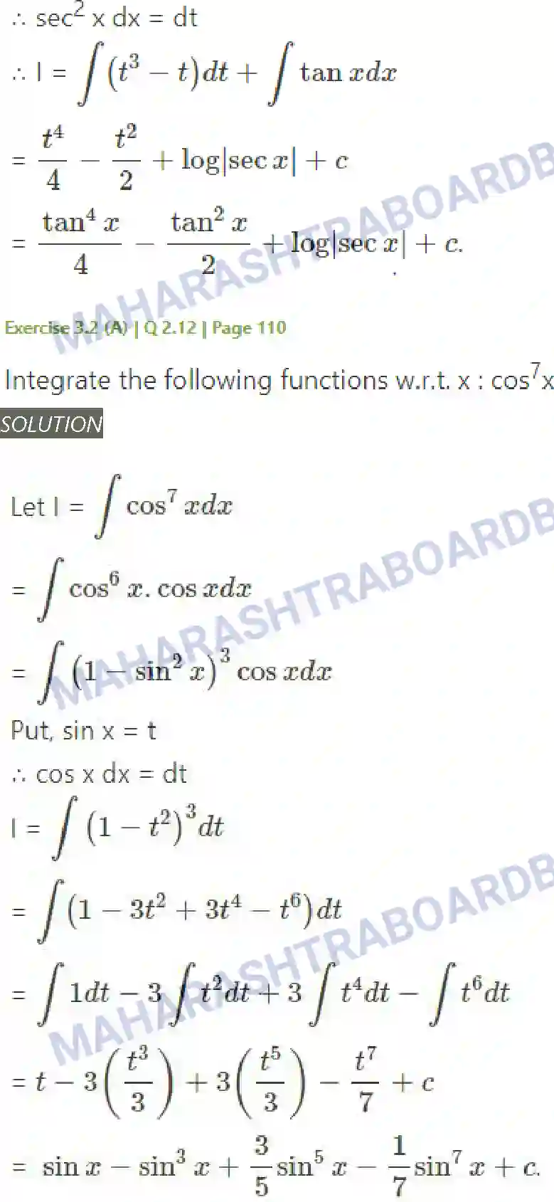 Maharashtra Board Solution Class-12 Mathematics+&+Statistics-2+(Arts+&+Science) Indefinite Integration Image 46