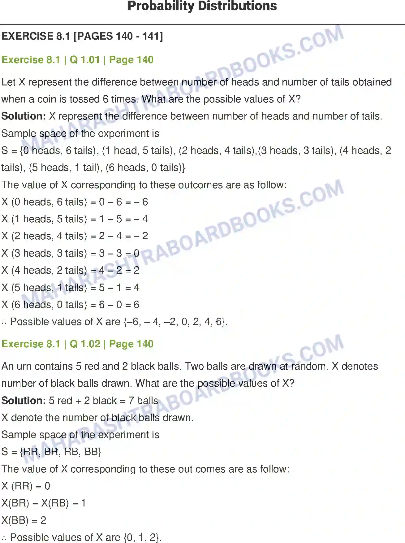 Maharashtra Board Solution Class-12 Mathematics+&+Statistics-2+(Commerce) Probability Distributions Image 1