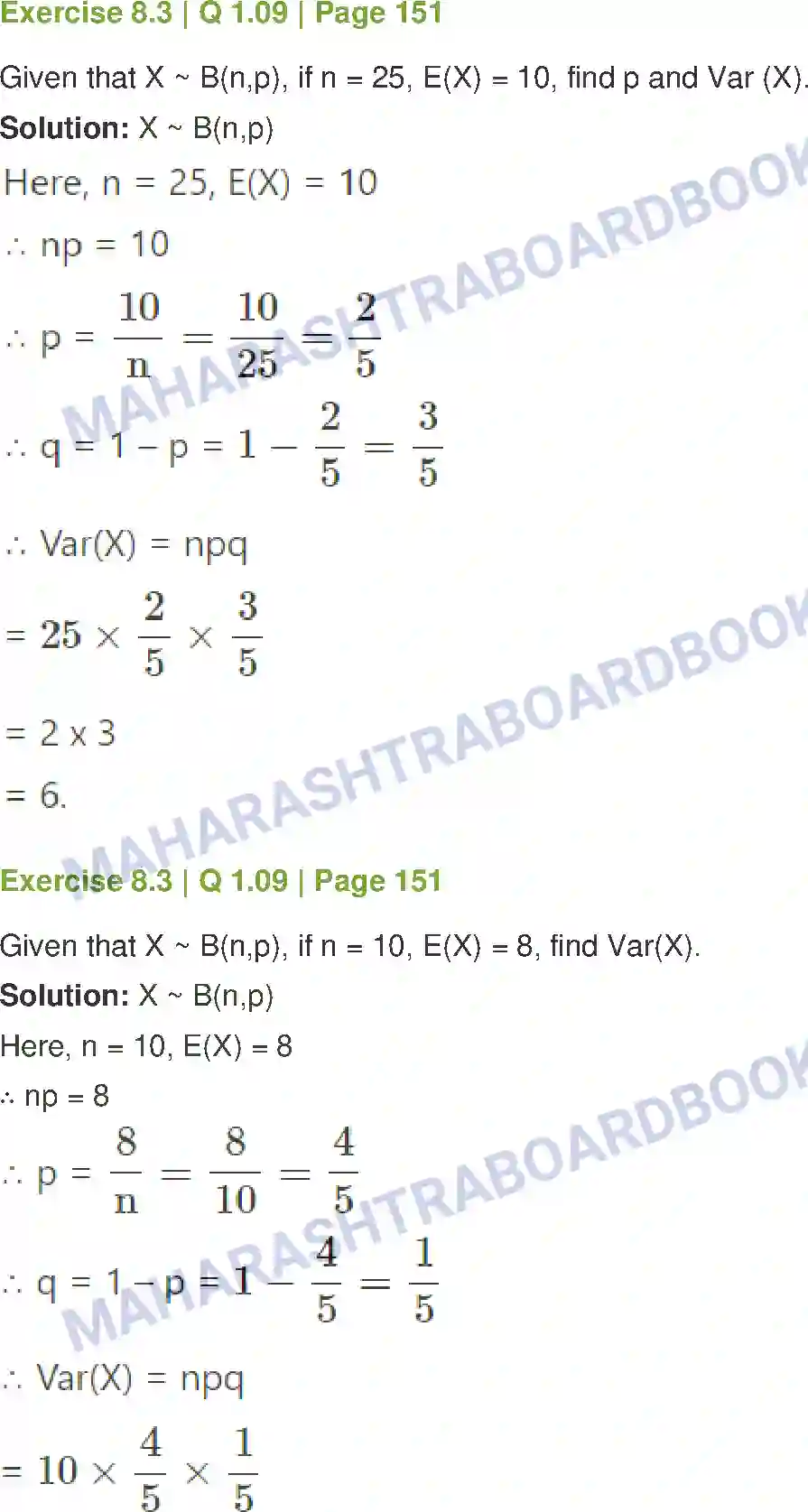 Maharashtra Board Solution Class-12 Mathematics+&+Statistics-2+(Commerce) Probability Distributions Image 62