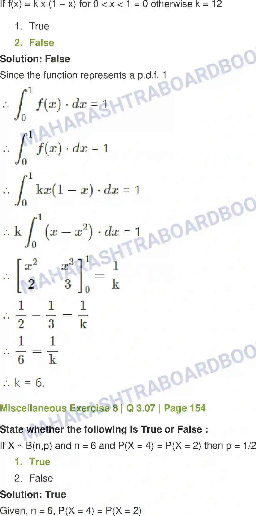 Maharashtra Board Solution Class-12 Mathematics+&+Statistics-2+(Commerce) Probability Distributions Image 86