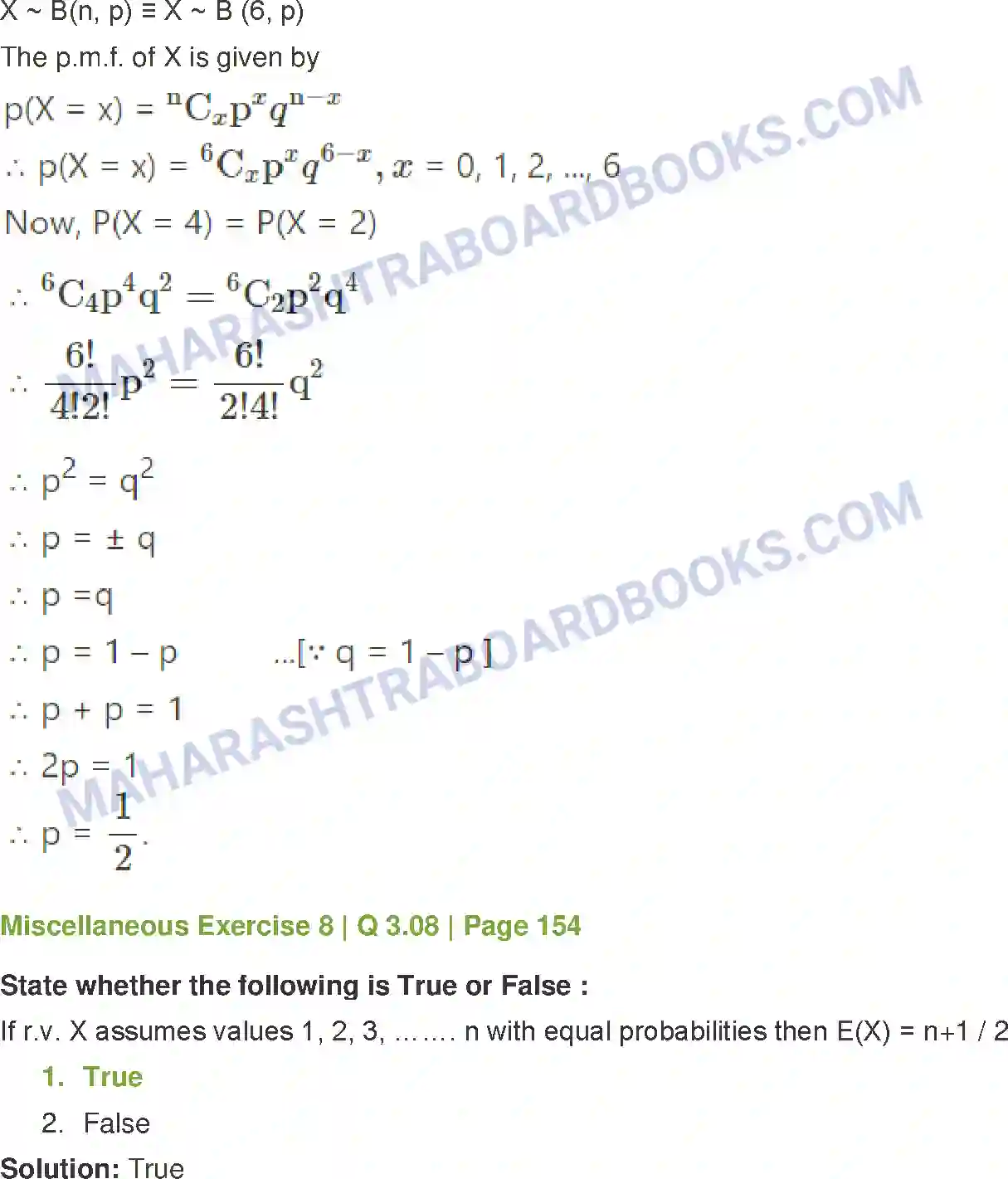 Maharashtra Board Solution Class-12 Mathematics+&+Statistics-2+(Commerce) Probability Distributions Image 87