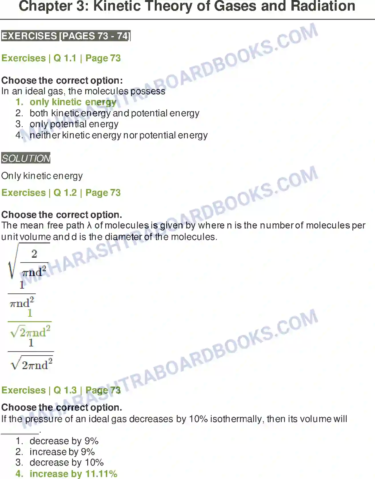 Maharashtra Board Solution class-12 Physics Kinetic Theory of Gases and Radiation Image 1