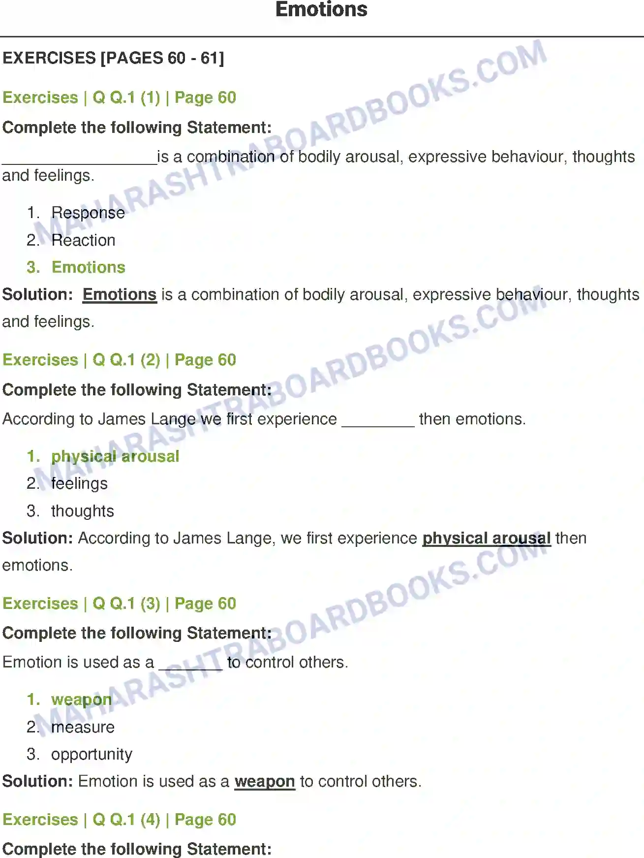 Maharashtra Board Solution class-12 Psychology Emotions Image 1
