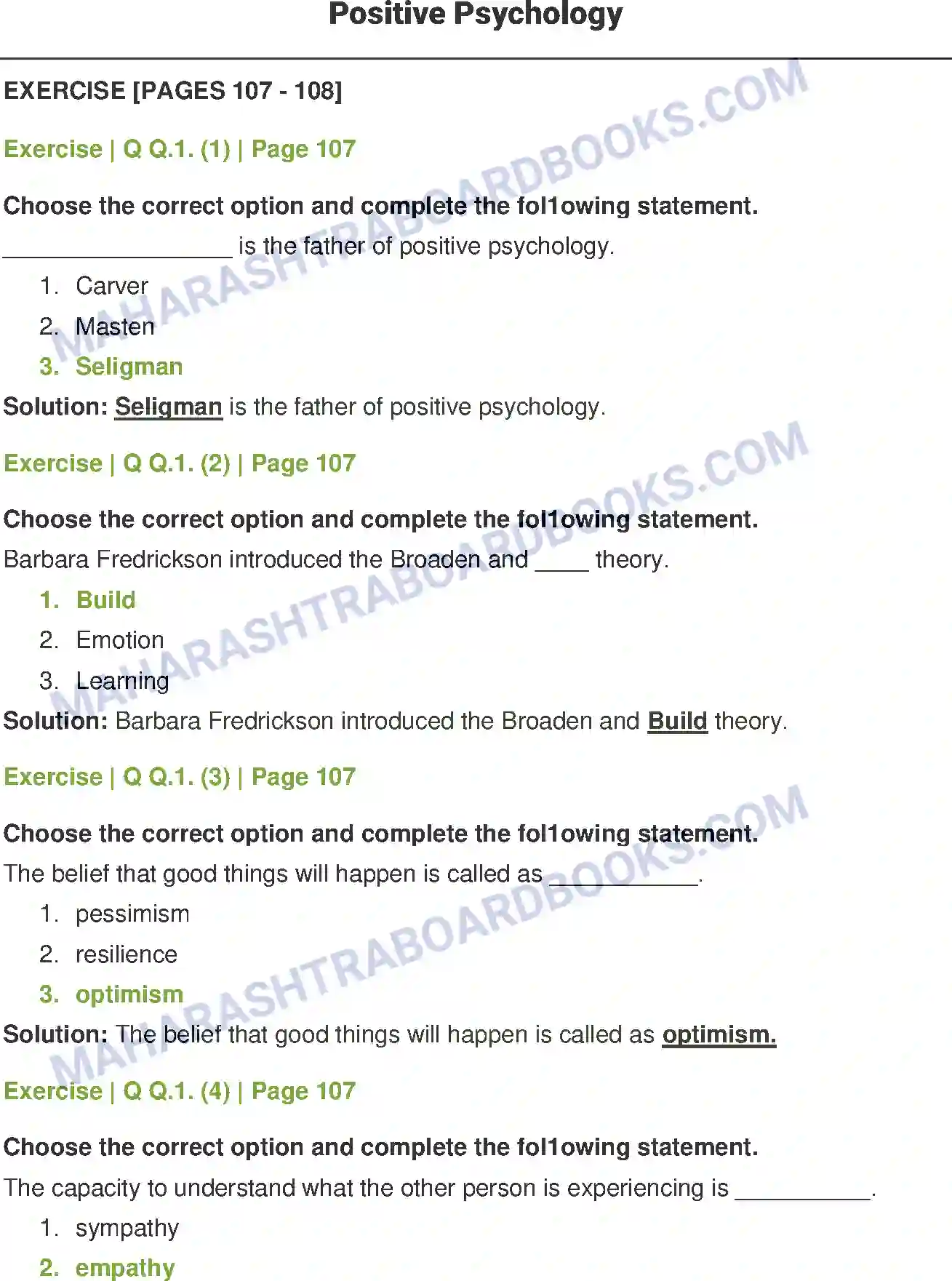 Maharashtra Board Solution class-12 Psychology Positive Psychology Image 1