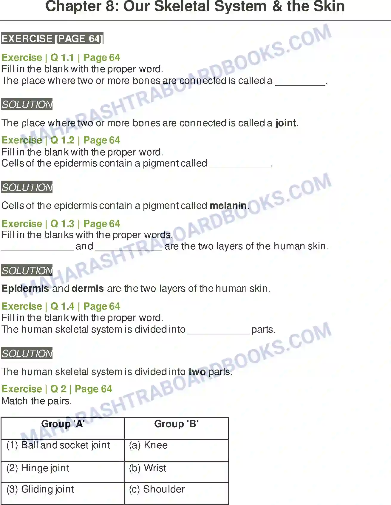 Maharashtra Board Solution Class-6 General+Science Our Skeletal System and the Skin Image 1