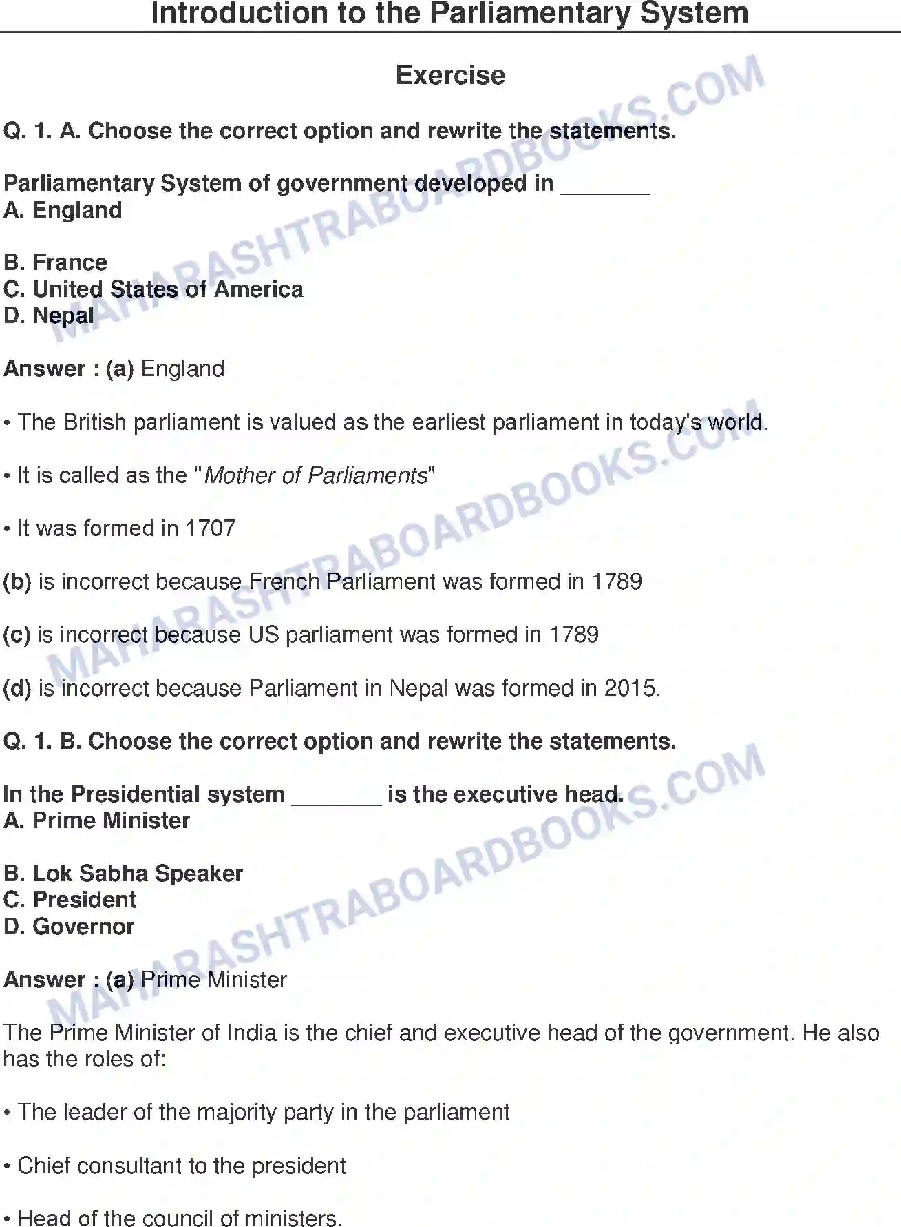 Maharashtra Board Solution Class-8 Civics+-+English+Medium Introduction to the Parliamentary System Image 1