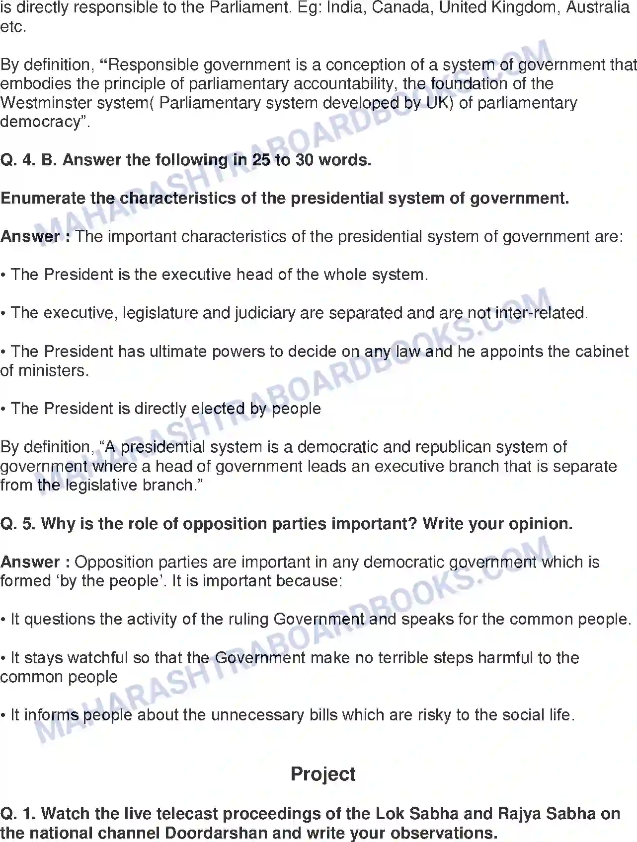 Maharashtra Board Solution Class-8 Civics+-+English+Medium Introduction to the Parliamentary System Image 5