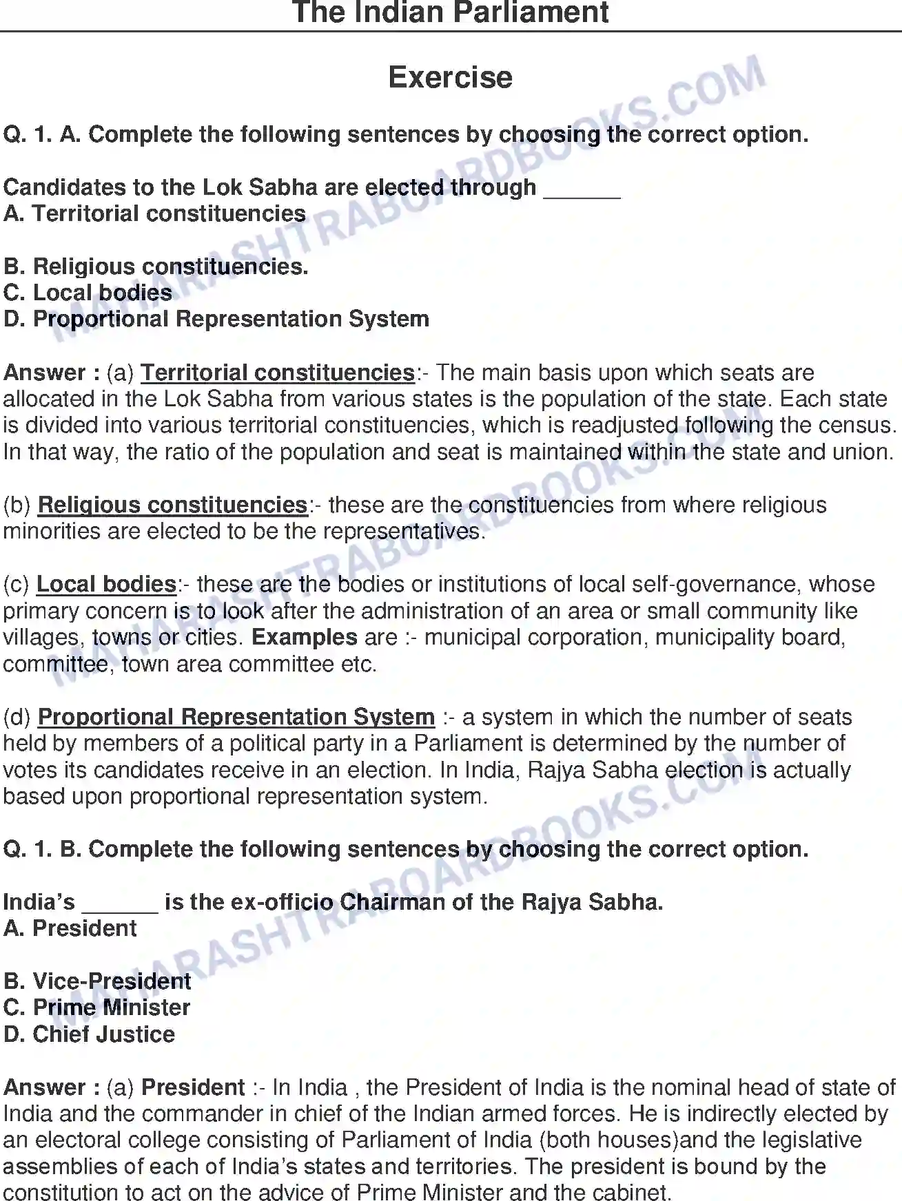 Maharashtra Board Solution Class-8 Civics+-+English+Medium The Indian Parliament Image 1