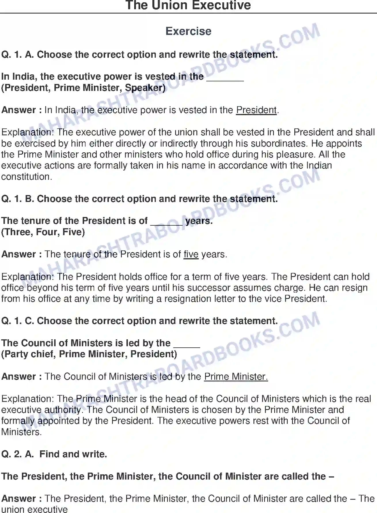 Maharashtra Board Solution Class-8 Civics+-+English+Medium The Union Executive Image 1