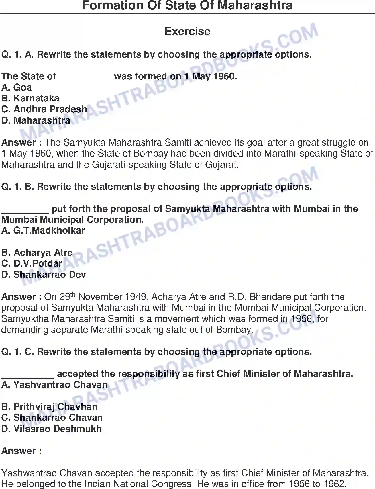Maharashtra Board Solution Class-8 History+-+English+Medium Formation of State of Maharashtra Image 1
