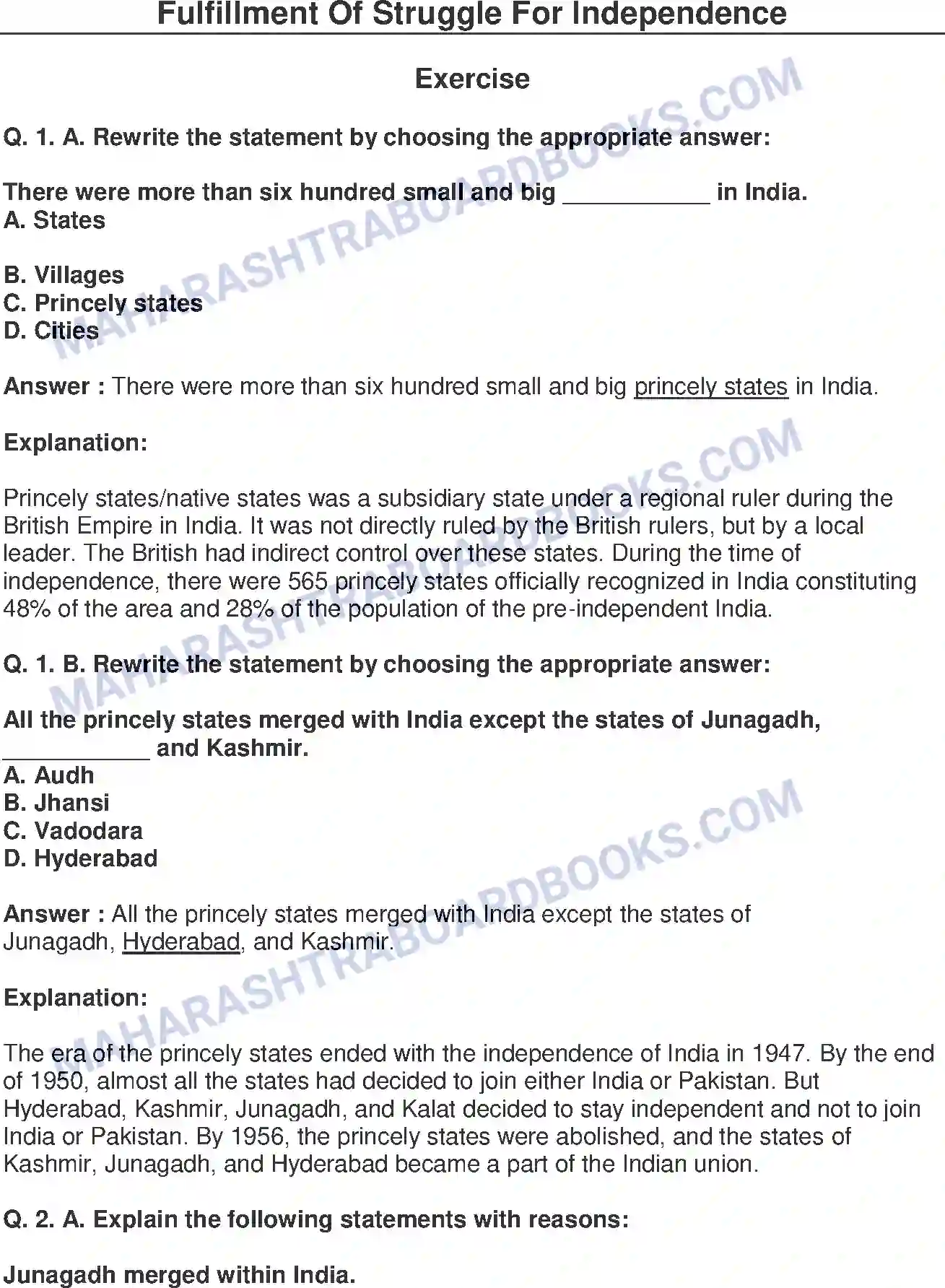 Maharashtra Board Solution Class-8 History+-+English+Medium Fulfillment of Struggle for Independence Image 1