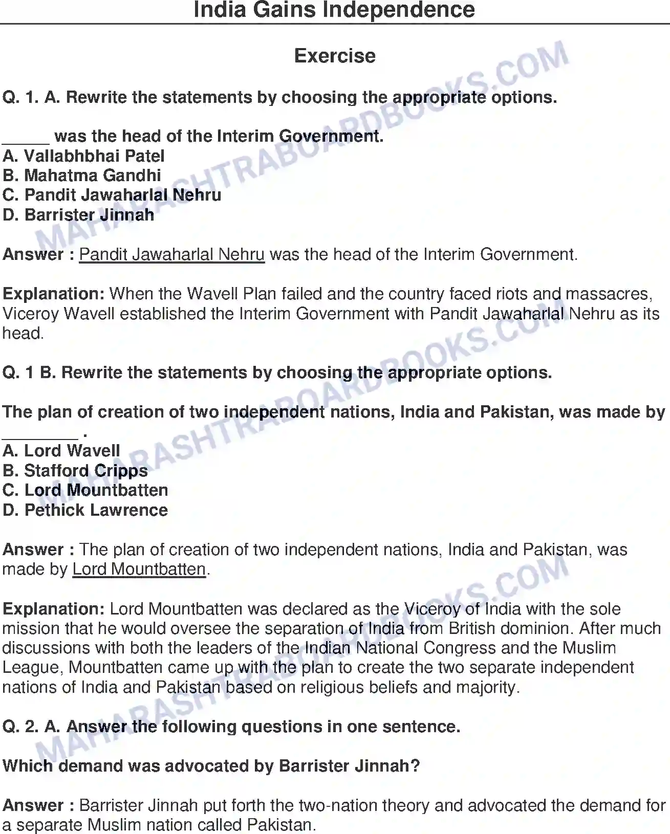 Maharashtra Board Solution Class-8 History+-+English+Medium India gains Independence Image 1