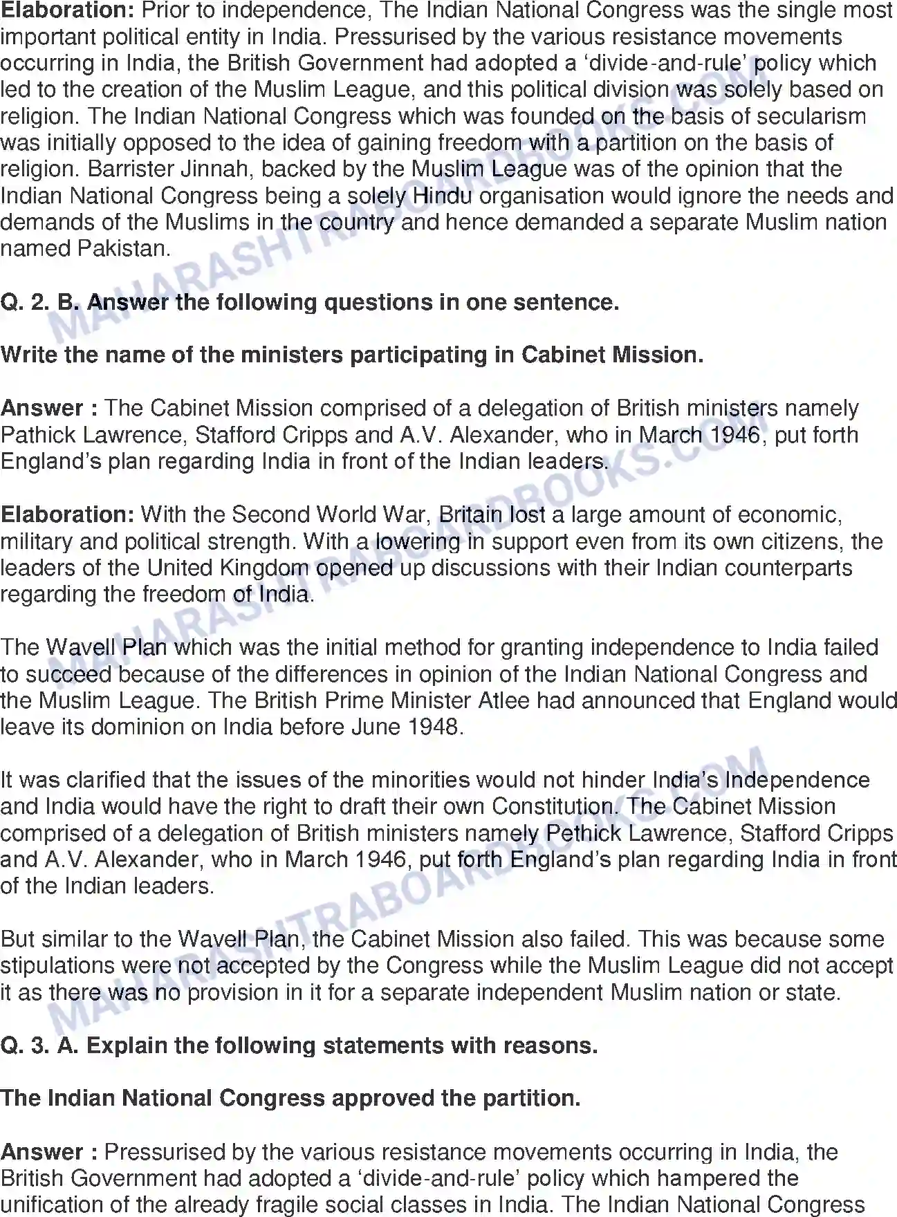 Maharashtra Board Solution Class-8 History+-+English+Medium India gains Independence Image 2