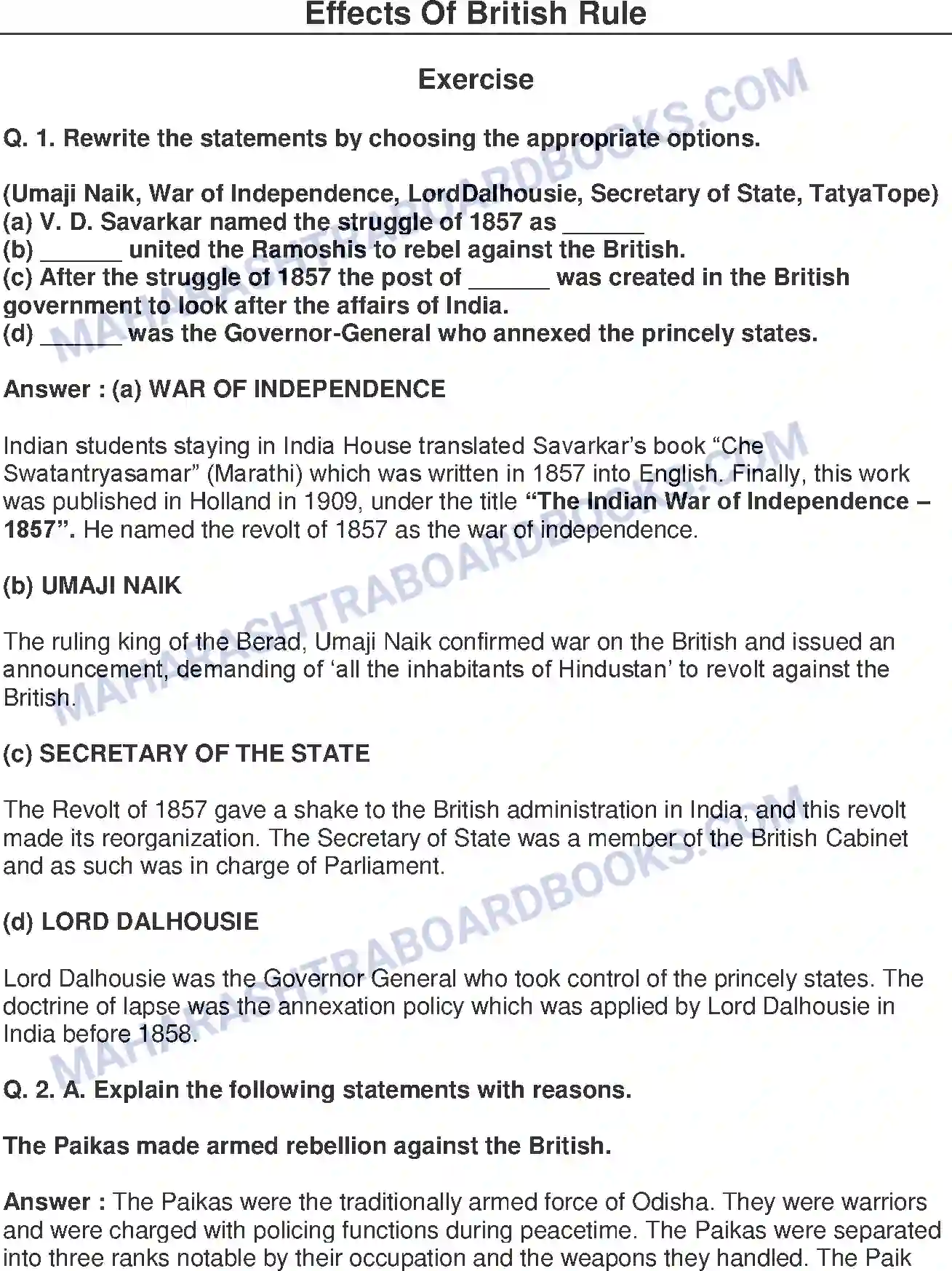 Maharashtra Board Solution Class-8 History+-+English+Medium The Freedom Struggle of 1857 Image 1