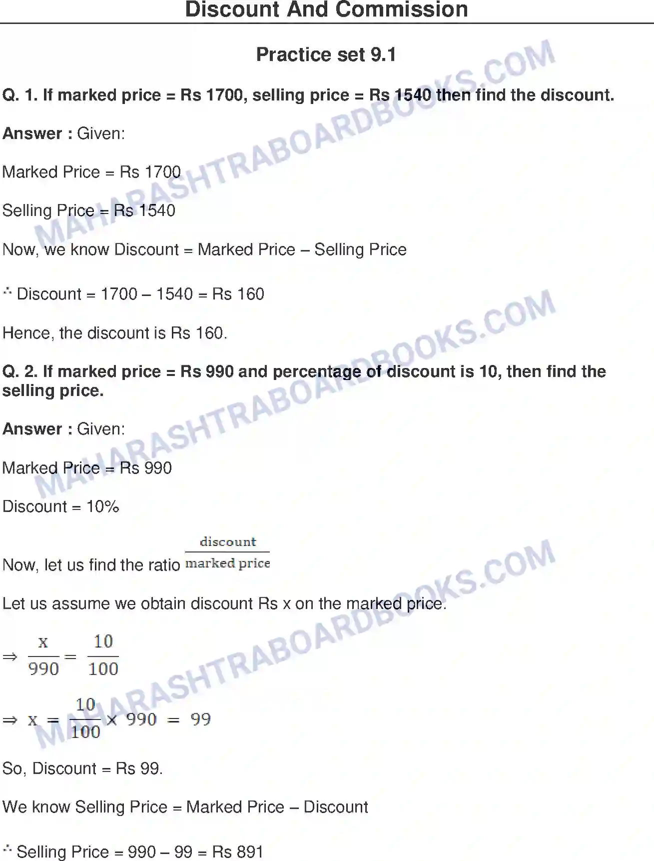 Maharashtra Board Solution Class-8 Mathematics+-+English+Medium Discount and Commission Image 1