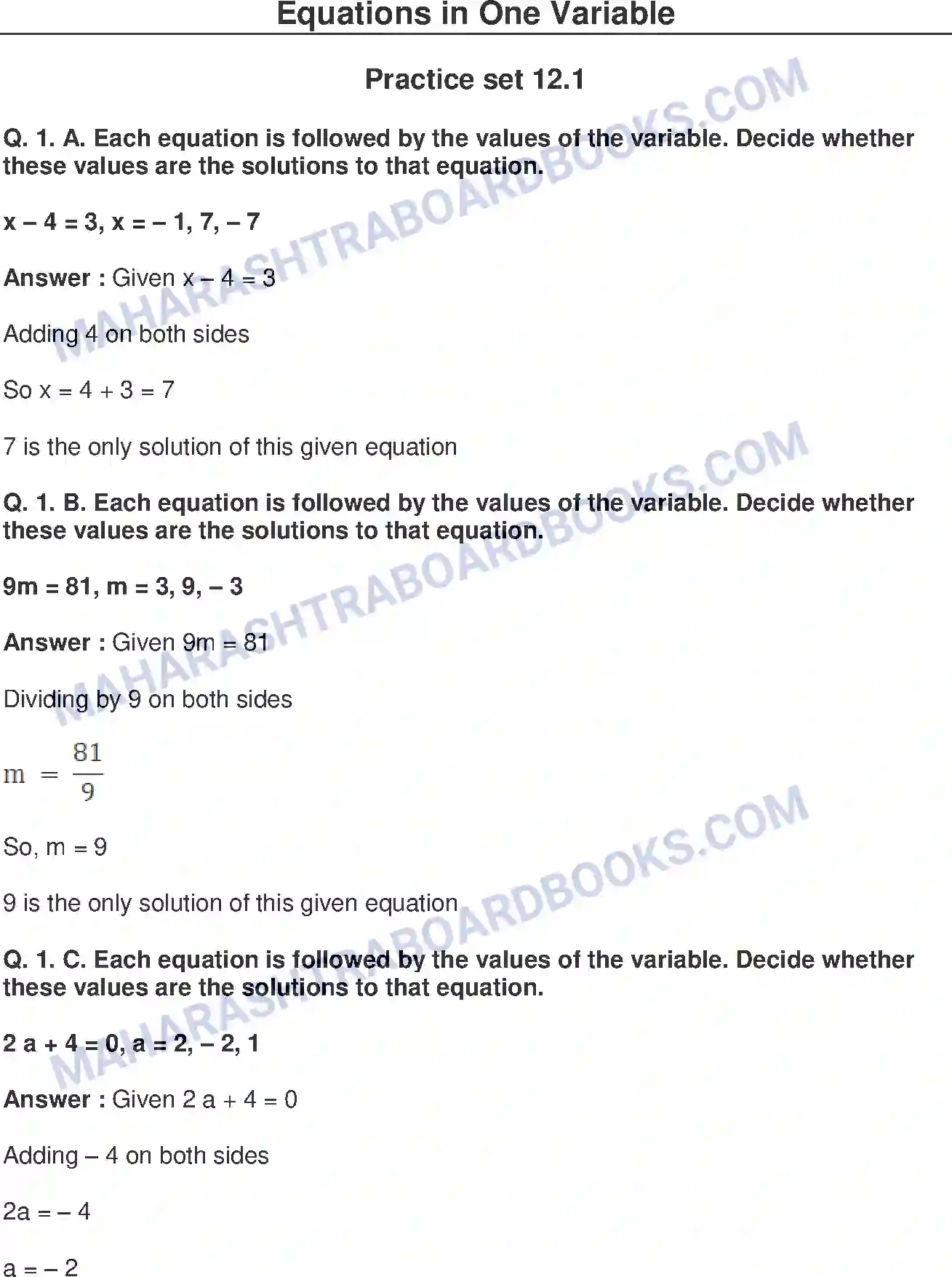 Maharashtra Board Solution Class-8 Mathematics+-+English+Medium Equations in One Variable Image 1