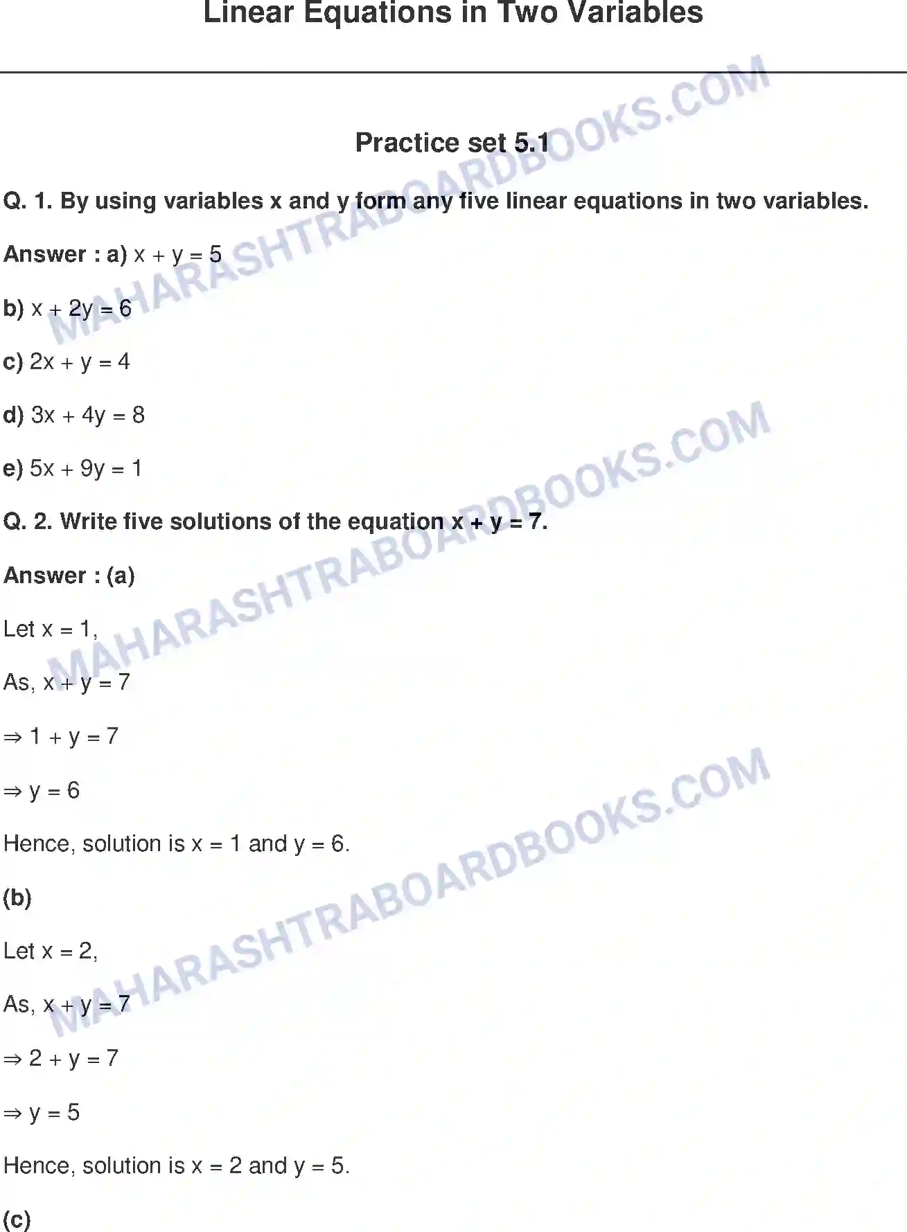 Maharashtra Board Solution class-9 Mathematics+Part-I+-+English+Medium Linear Equations in Two Variables Image 1