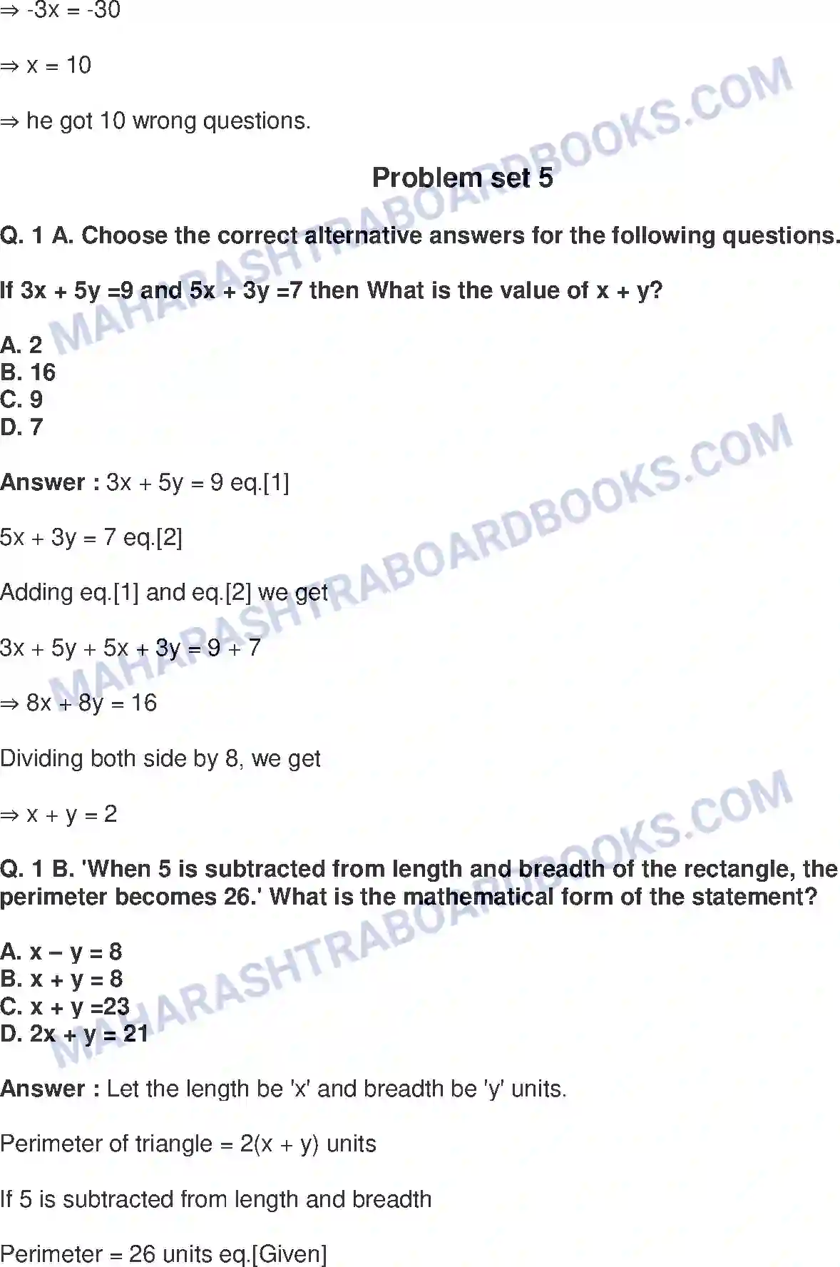 Maharashtra Board Solution class-9 Mathematics+Part-I+-+English+Medium Linear Equations in Two Variables Image 15