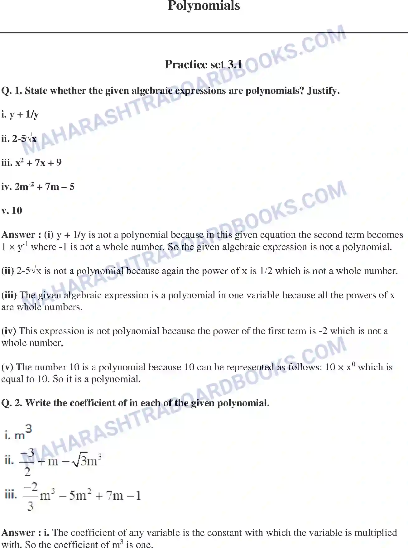 Maharashtra Board Solution class-9 Mathematics+Part-I+-+English+Medium Polynomials Image 1