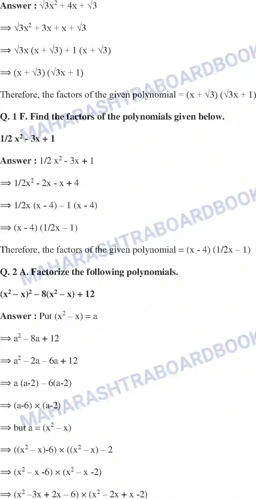 Maharashtra Board Solution class-9 Mathematics+Part-I+-+English+Medium Polynomials Image 33