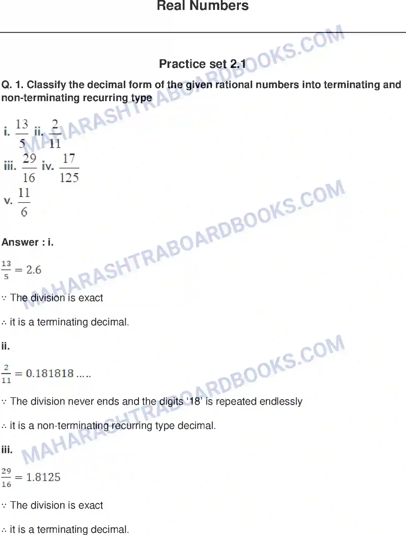 Maharashtra Board Solution Class-9 Mathematics+Part-I+-+English+Medium Real Numbers Image 1